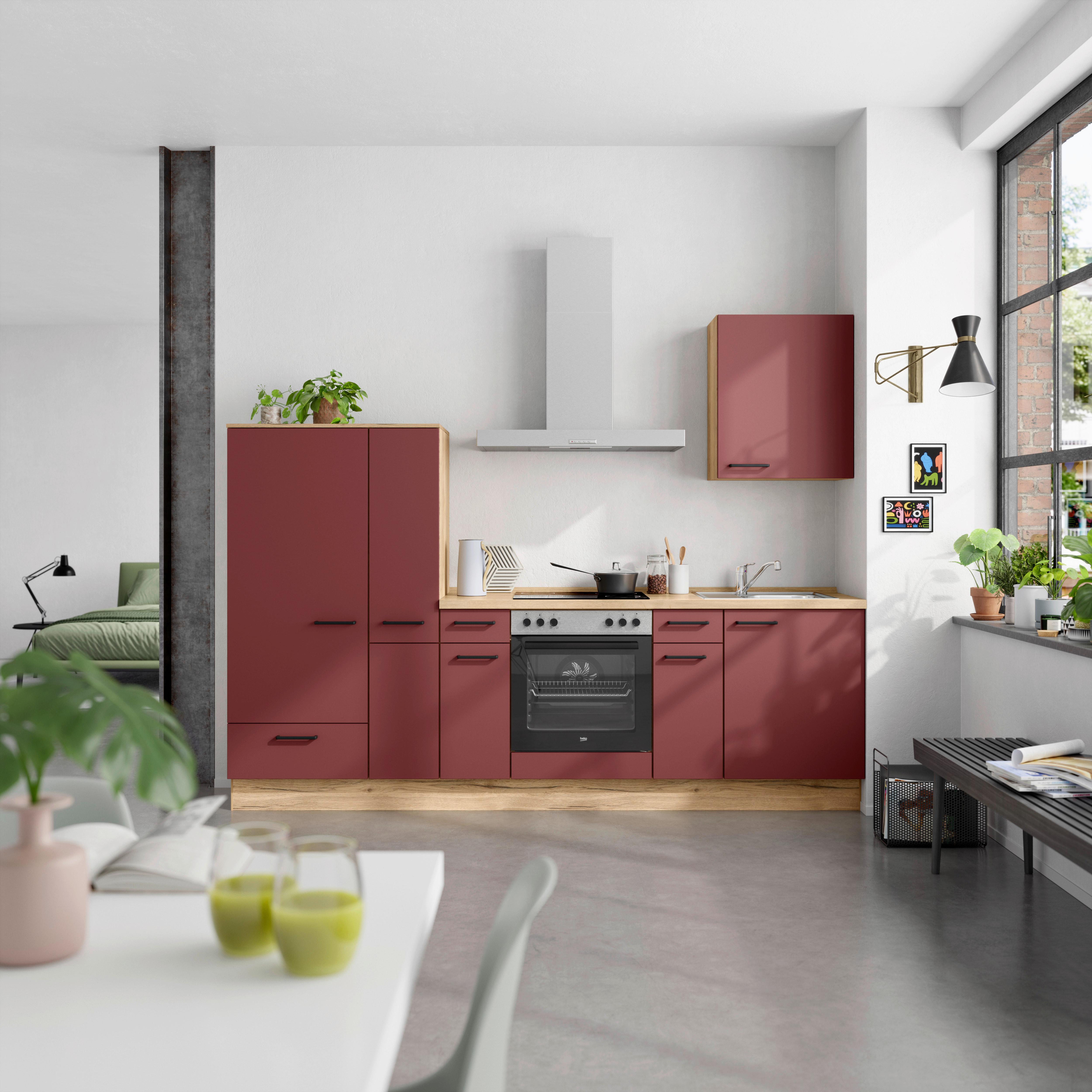 Küchenblock Easytouch Low m. Geräten Dunkelrot - Eichefarben/Schwarz, MODERN, Holzwerkstoff/Metall (270cm) - Nobilia