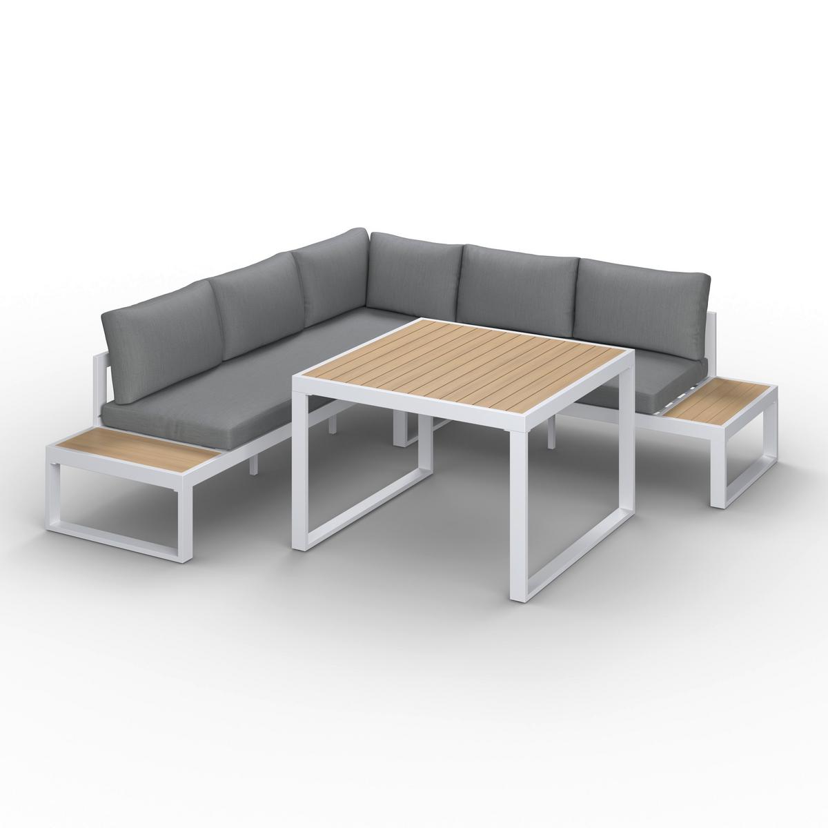 Dining-Loungeset Veneya Grau Outdoorstof/Metall/Polywood - Hellgrau/Naturfarben, MODERN, Kunststoff/Textil - Bessagi Garden