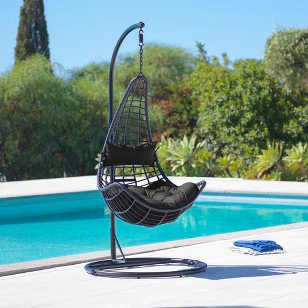 Hängesessel Caitlin in Schwarz mit Auflage - Schwarz, Kunststoff/Textil (110/198/105cm) - Bessagi Garden