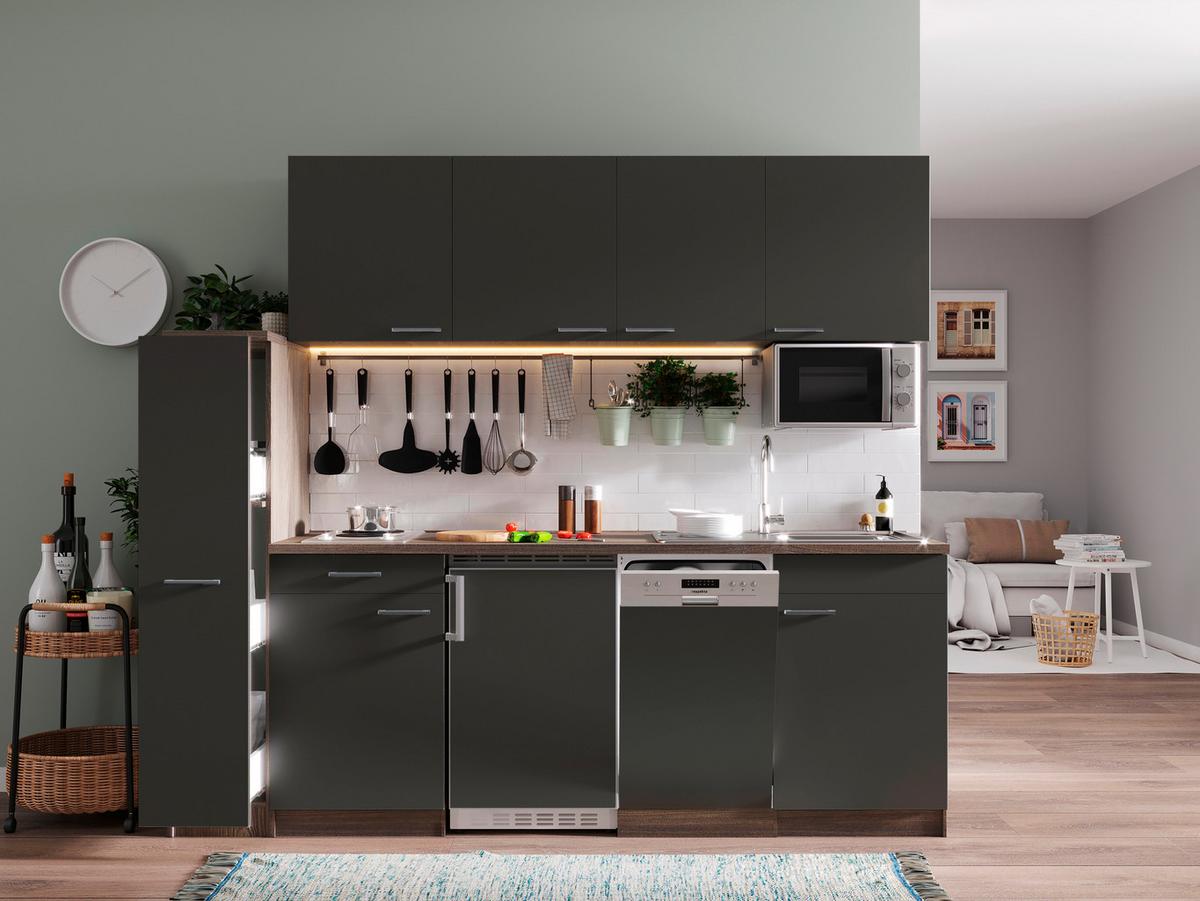Küchenblock Oliver mit Geräten ca. 225 cm Grau - Eichefarben/Alufarben, Basics, Holzwerkstoff/Kunststoff (225cm) - Respekta