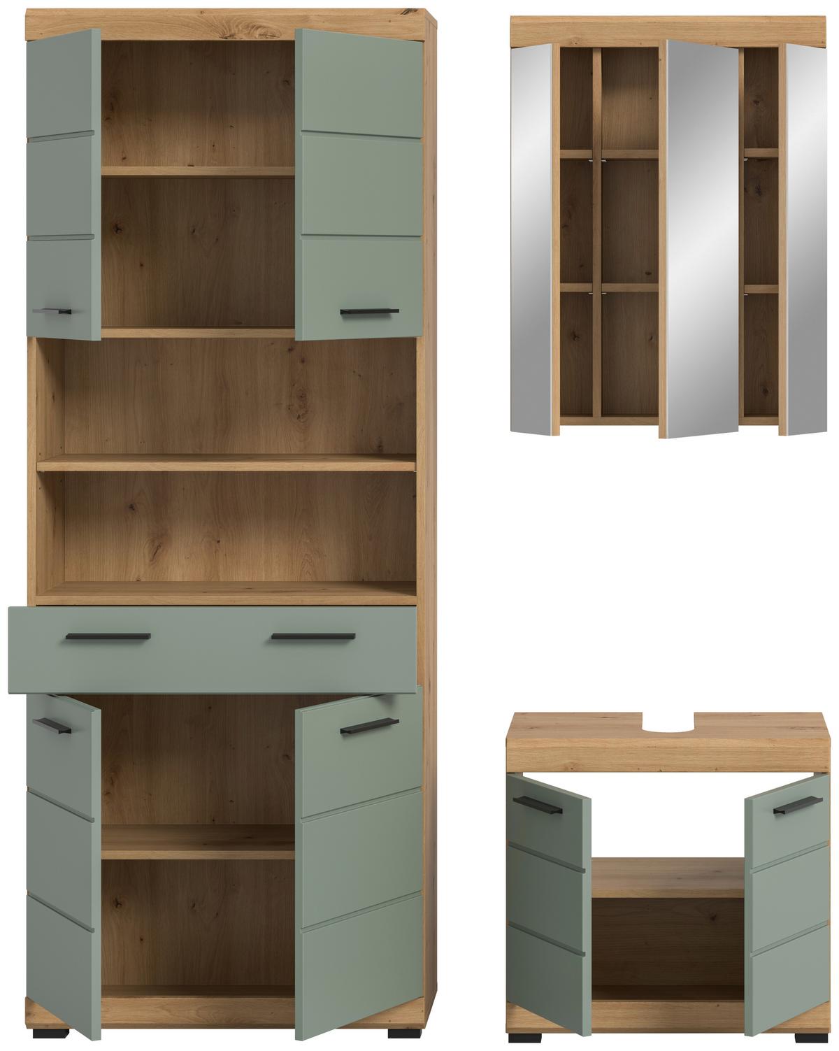 Badezimmer Scout 3-tlg. ca. 134 cm Salbeigrün - Schwarz, MODERN, Holzwerkstoff/Kunststoff (134cm) - MID.YOU