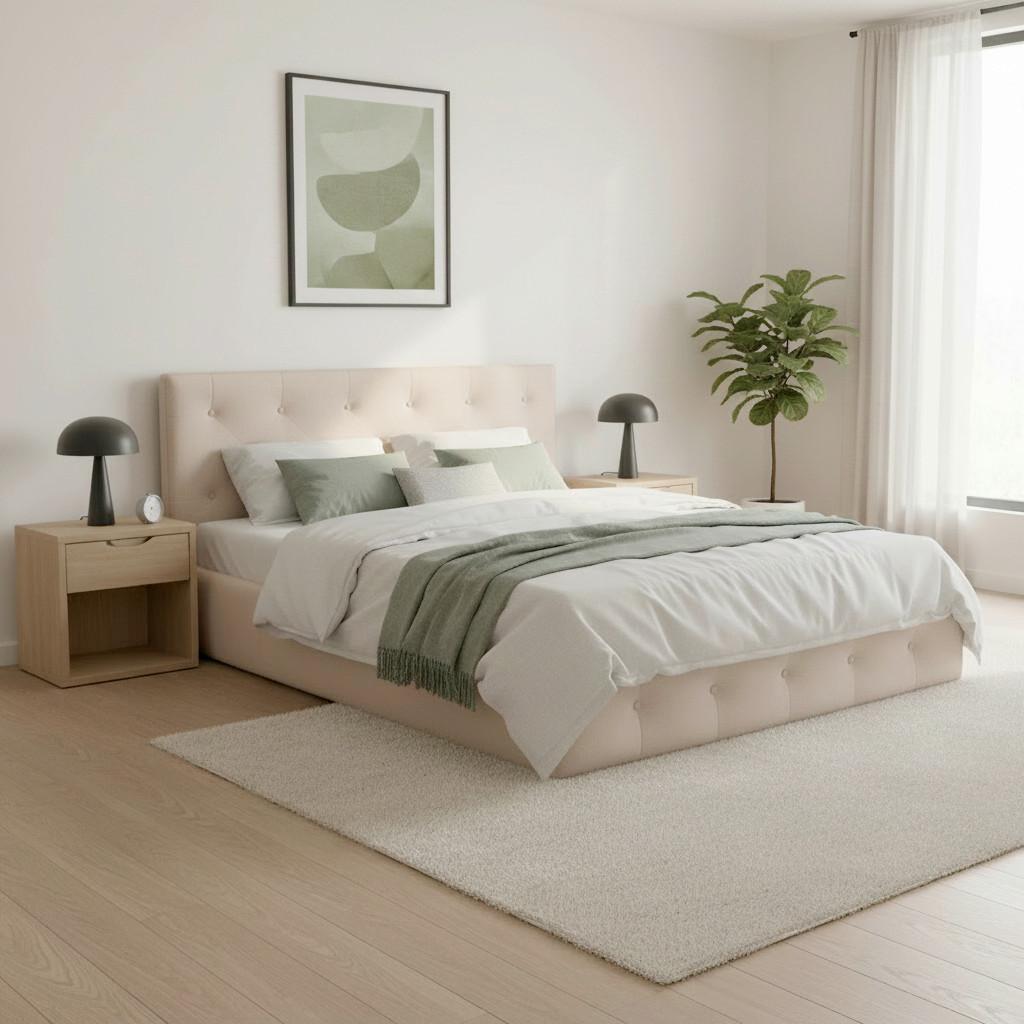 Kárpitozott Ágykeret Julie - bézs/krémszínű, Modern, faalapú anyag/textil (180/200cm) - Bessagi Home