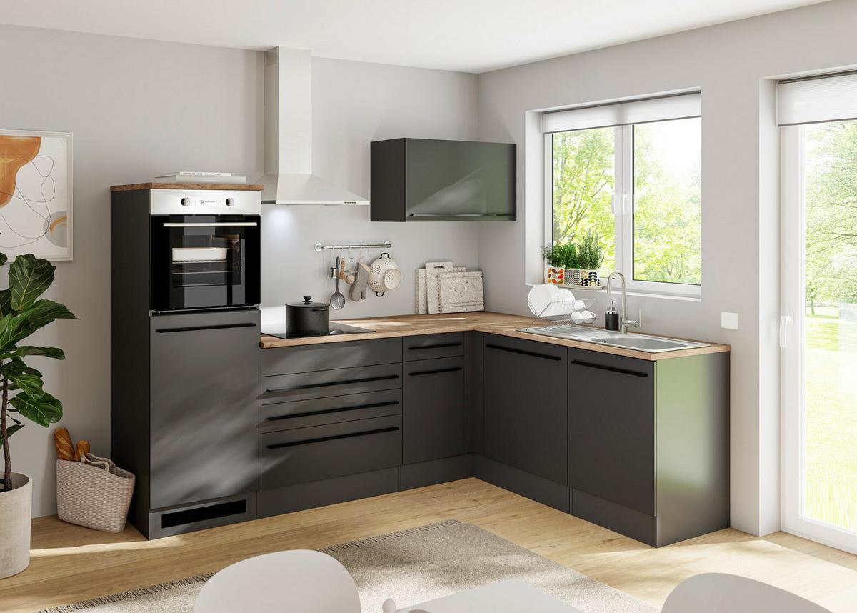 Konyhablokk Gépek Nélkül Jazz 6 - tölgyfa színű/fekete, Modern, faalapú anyag (260/200/60cm) - Modern Living