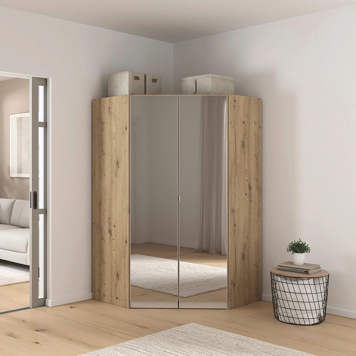 Drehtürenschrank Celle-Super Weiß/Eiche Artisan - Weiß/Eiche Artisan, KONVENTIONELL, Glas/Holzwerkstoff (117/197/117cm) - Mömax