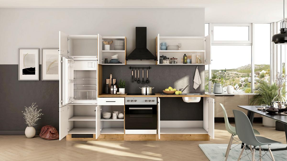 Küchenblock Avila m. Geräten Magnolie - Eichefarben/Magnolie, Trend, Holzwerkstoff/Metall (270cm) - FlexWell