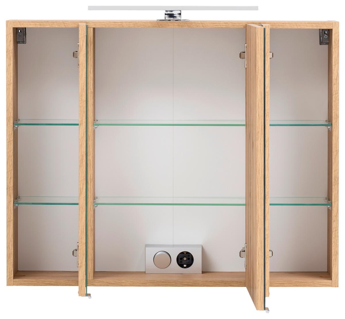 Spiegelschrank Kopenhagen mit LED 3-türig ca. 80x64 cm Eiche - Chromfarben/Eichefarben, KONVENTIONELL, Glas/Holzwerkstoff (80/64/20cm) - Held