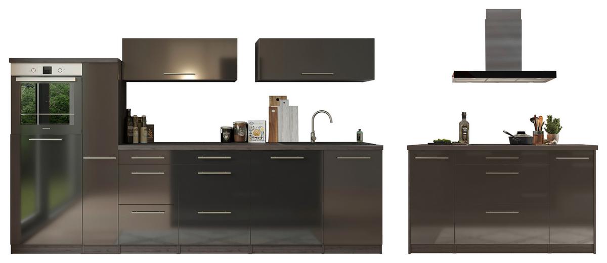 Inselküche Premium Schwarz mit Geräten B: ca. 310 cm - Eichefarben/Schwarz, Basics, Holzwerkstoff/Metall (310/160cm) - Respekta