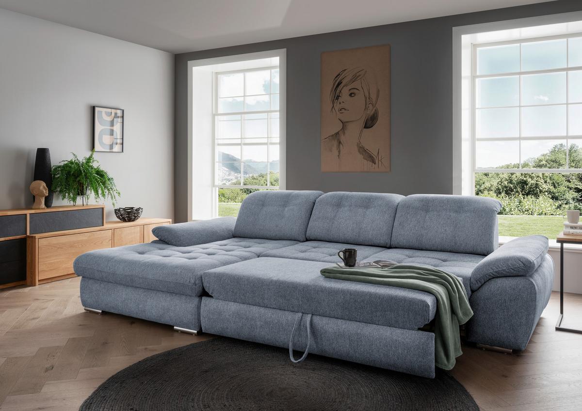 Ecksofa Rigatti mit Bettkasten ca. 184x314 cm Hellblau - Chromfarben/Anthrazit, MODERN, Textil/Metall (184/314cm) - Livetastic