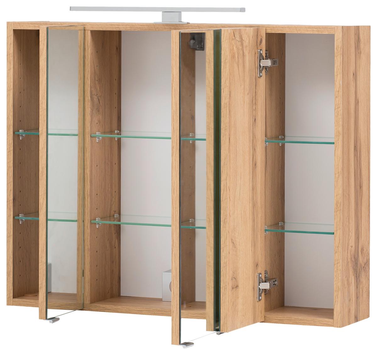 Spiegelschrank Kopenhagen mit LED 3-türig ca. 80x64 cm Eiche - Chromfarben/Eichefarben, KONVENTIONELL, Glas/Holzwerkstoff (80/64/20cm) - Held