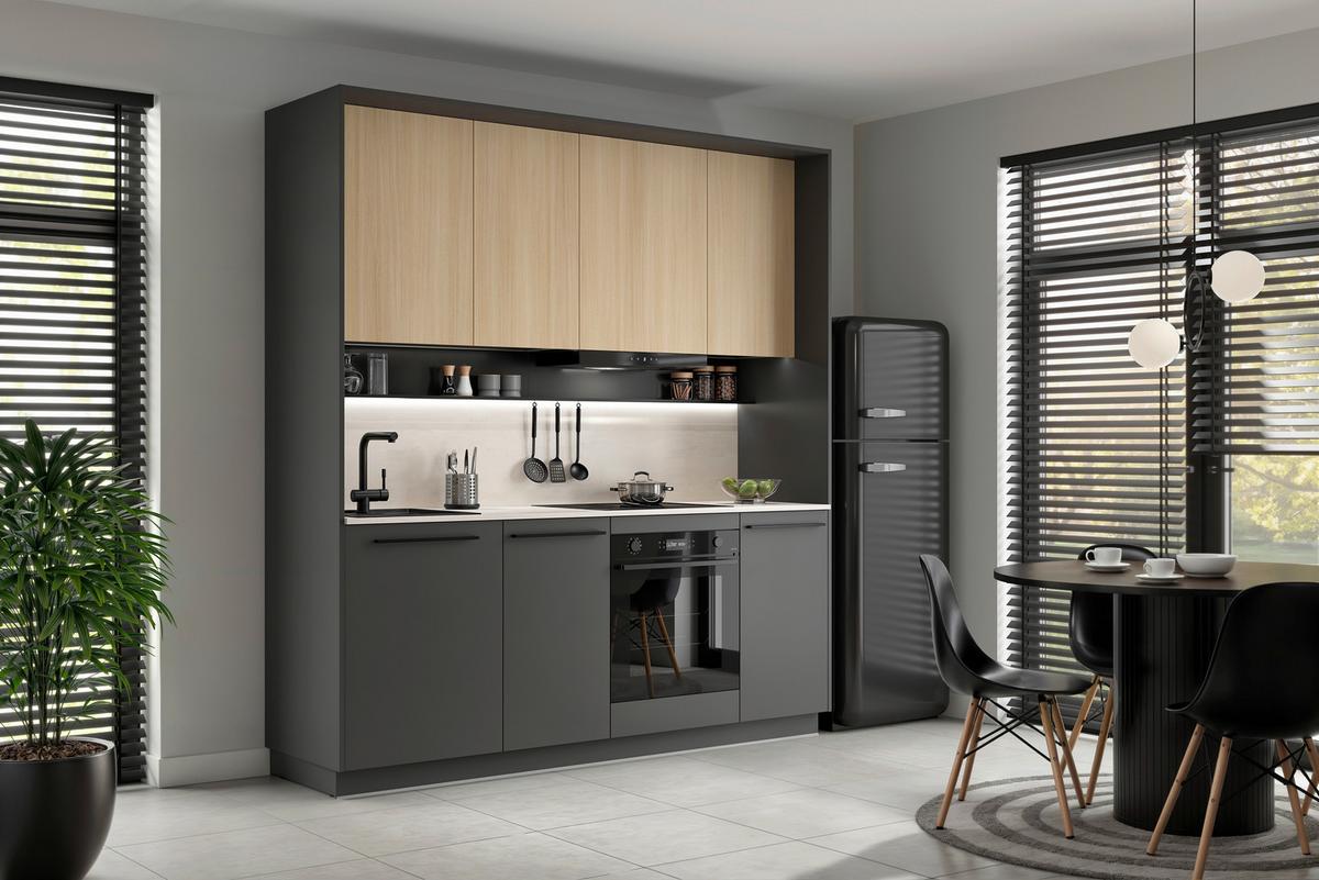 Küchenblock Milino o. Geräte Eichefarben - Eichefarben/Schwarz, Basics, Holzwerkstoff/Kunststoff (210ml) - Visiona