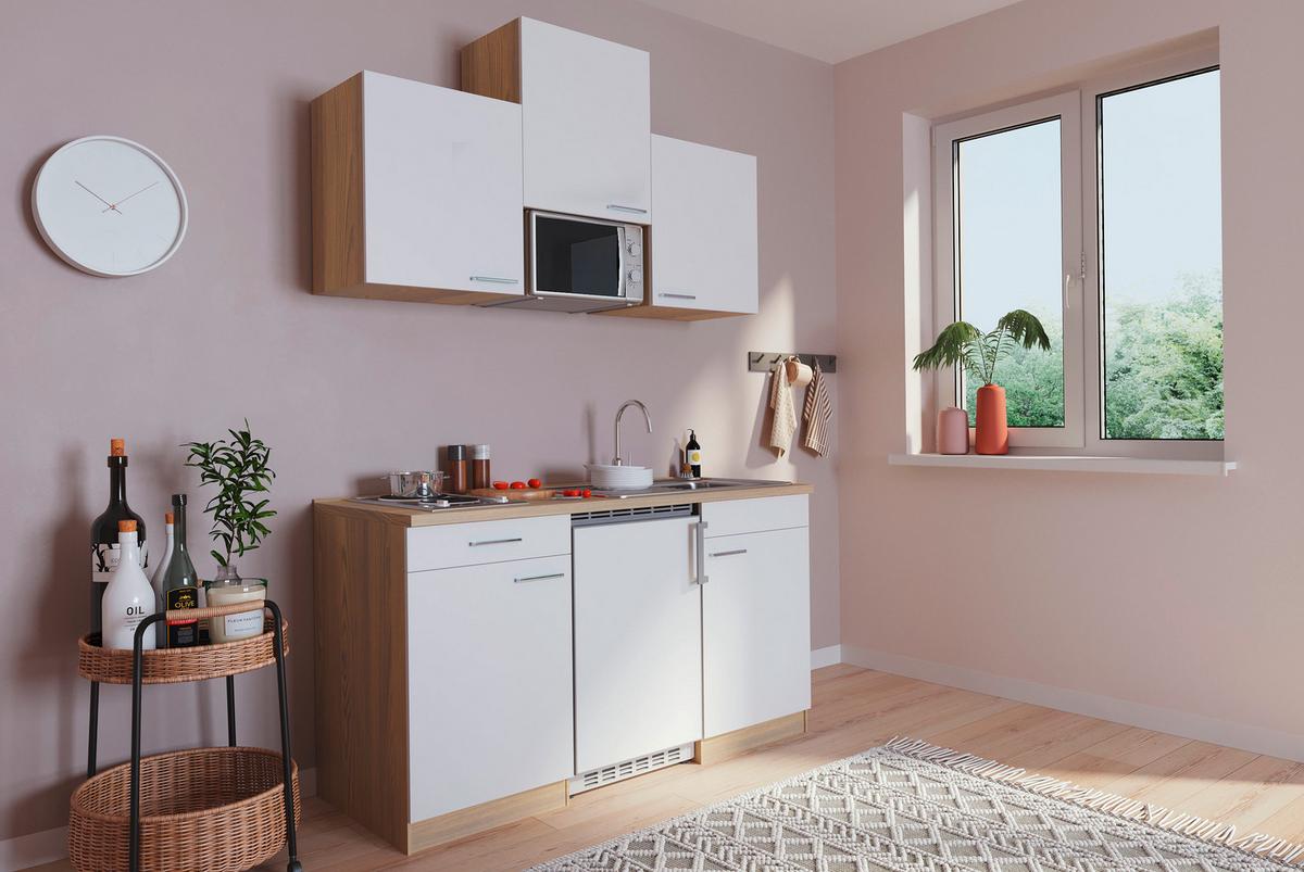 Miniküche Economy m. Geräten B: ca. 150cm Weiß/Eichefarben - Eichefarben/Weiß, Basics, Holzwerkstoff (150cm) - Respekta