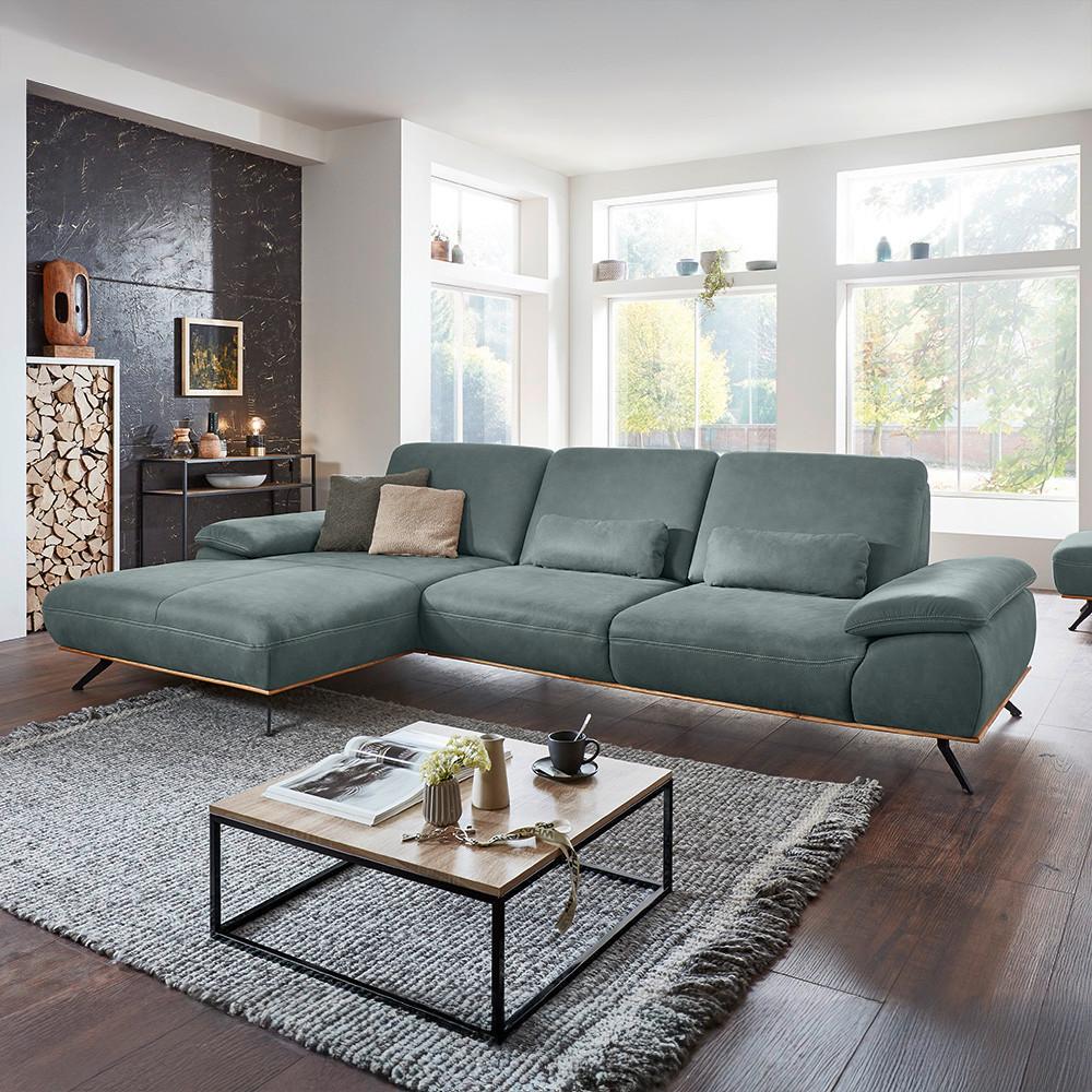 Wohnlandschaft Erling Grün - Beige/Schwarz, MODERN, Leder/Metall (187/89/322cm) - Premium Living