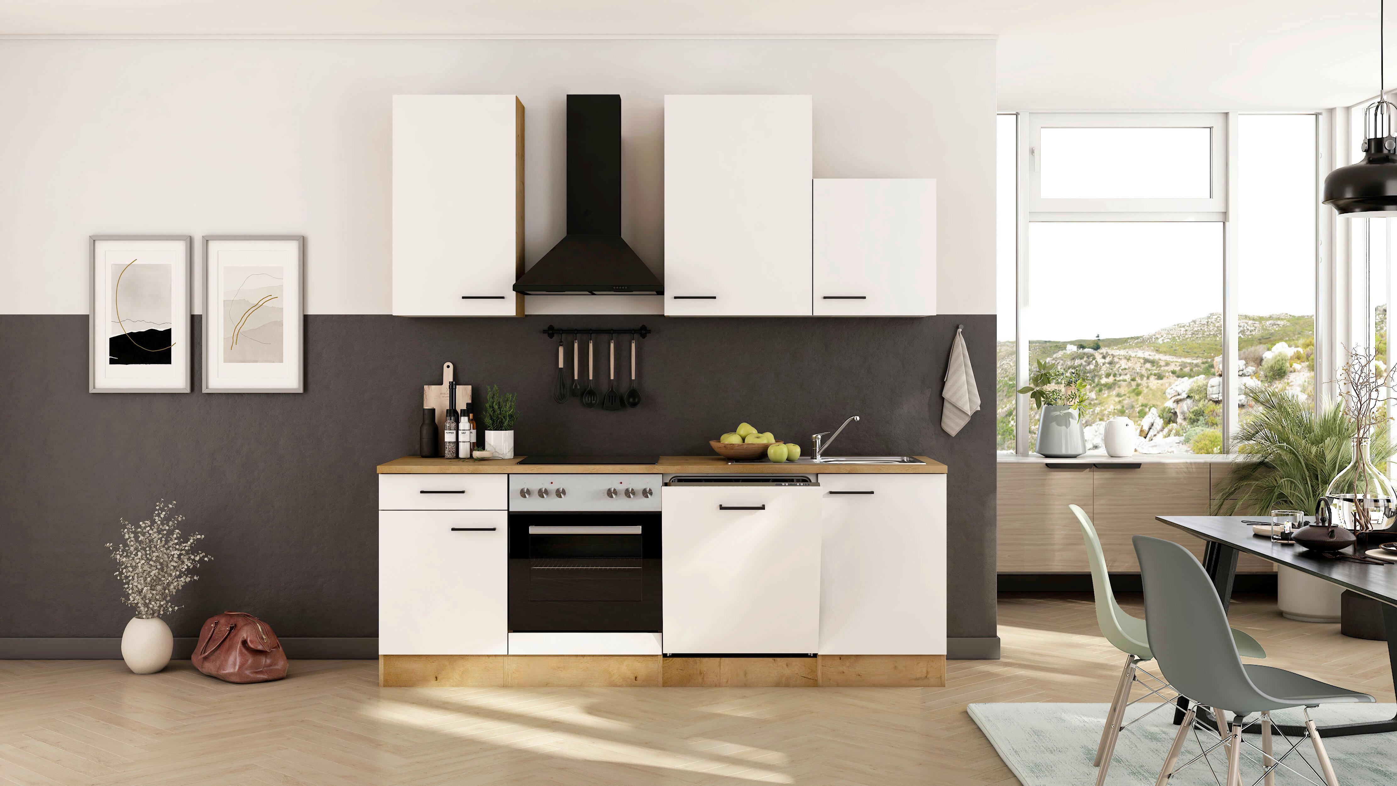 Küchenblock Avila m. Geräten Magnolie - Eichefarben/Magnolie, Trend, Holzwerkstoff/Metall (220cm) - FlexWell