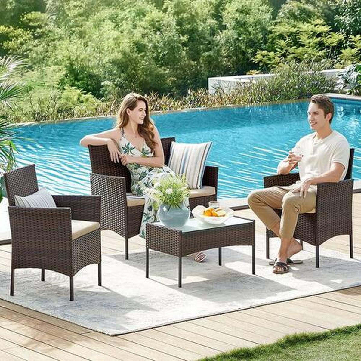 Gartenset Dunkelbraun/Beige, 4-teilig - Dunkelbraun/Beige, MODERN, Glas/Kunststoff - Modante