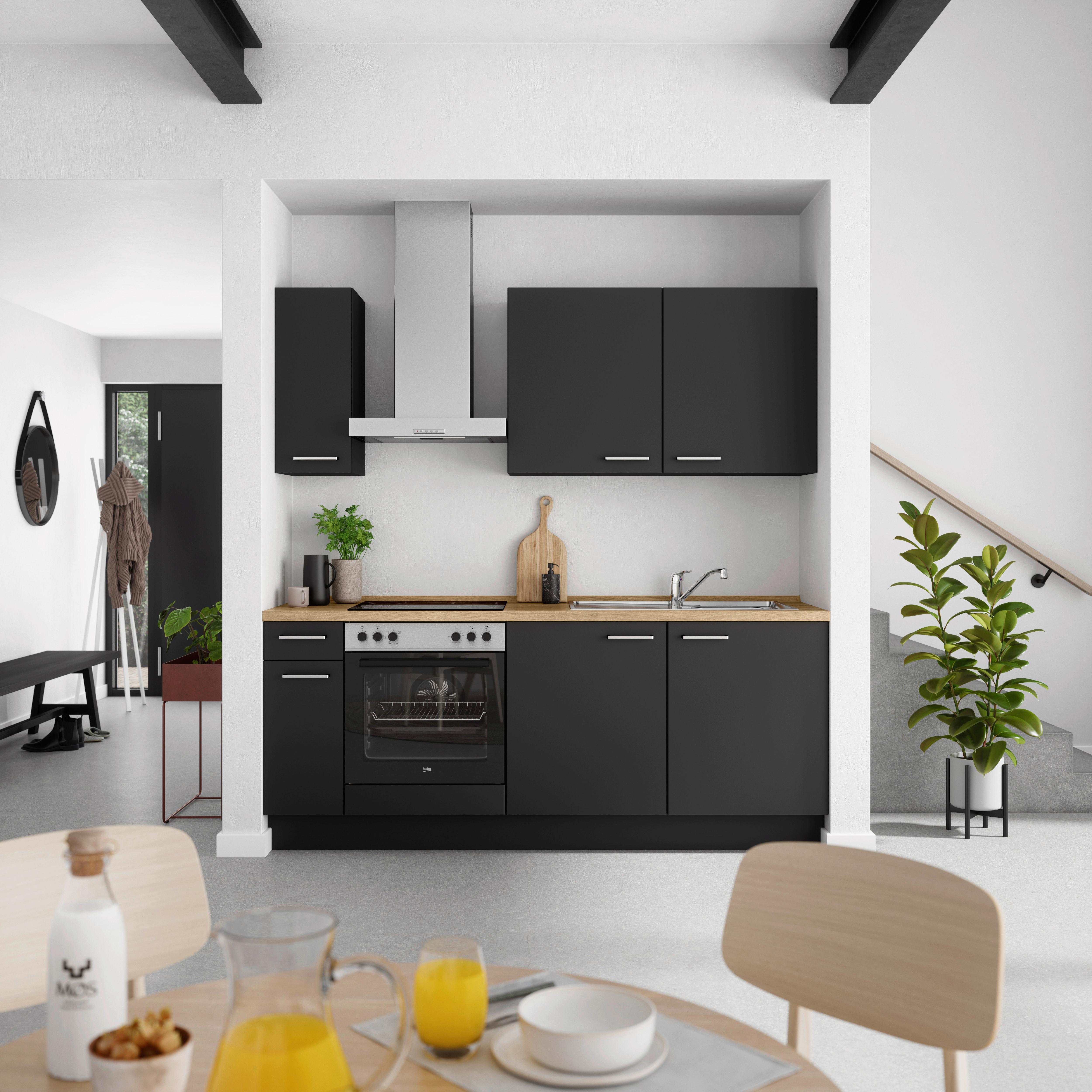 Küchenblock Touch Low m. Geräten Schwarz - Edelstahlfarben/Eichefarben, MODERN, Holzwerkstoff/Metall (210cm) - Nobilia