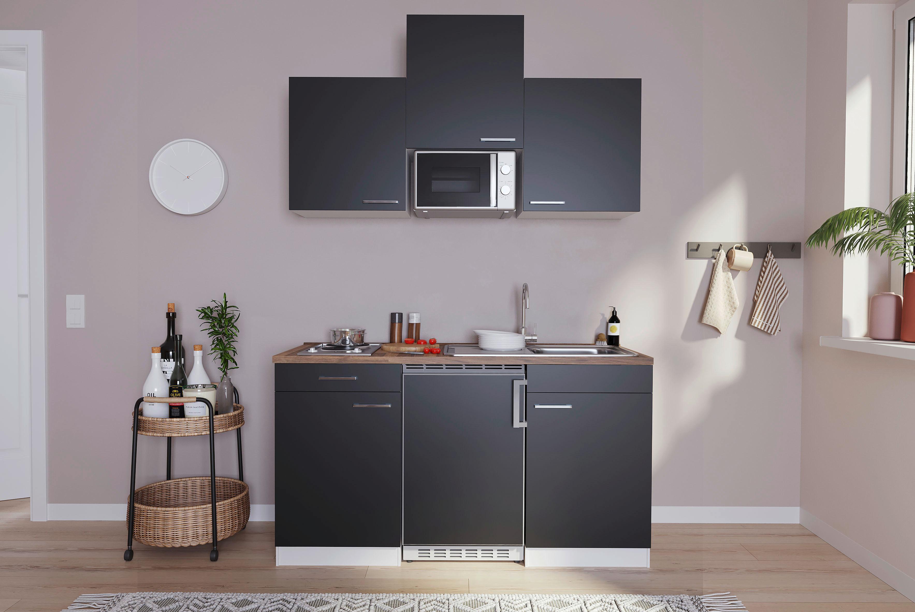Miniküche Economy m. Geräten Schwarz B: ca. 150 cm - Edelstahlfarben/Nussbaumfarben, Basics, Holzwerkstoff/Kunststoff (150cm) - Respekta