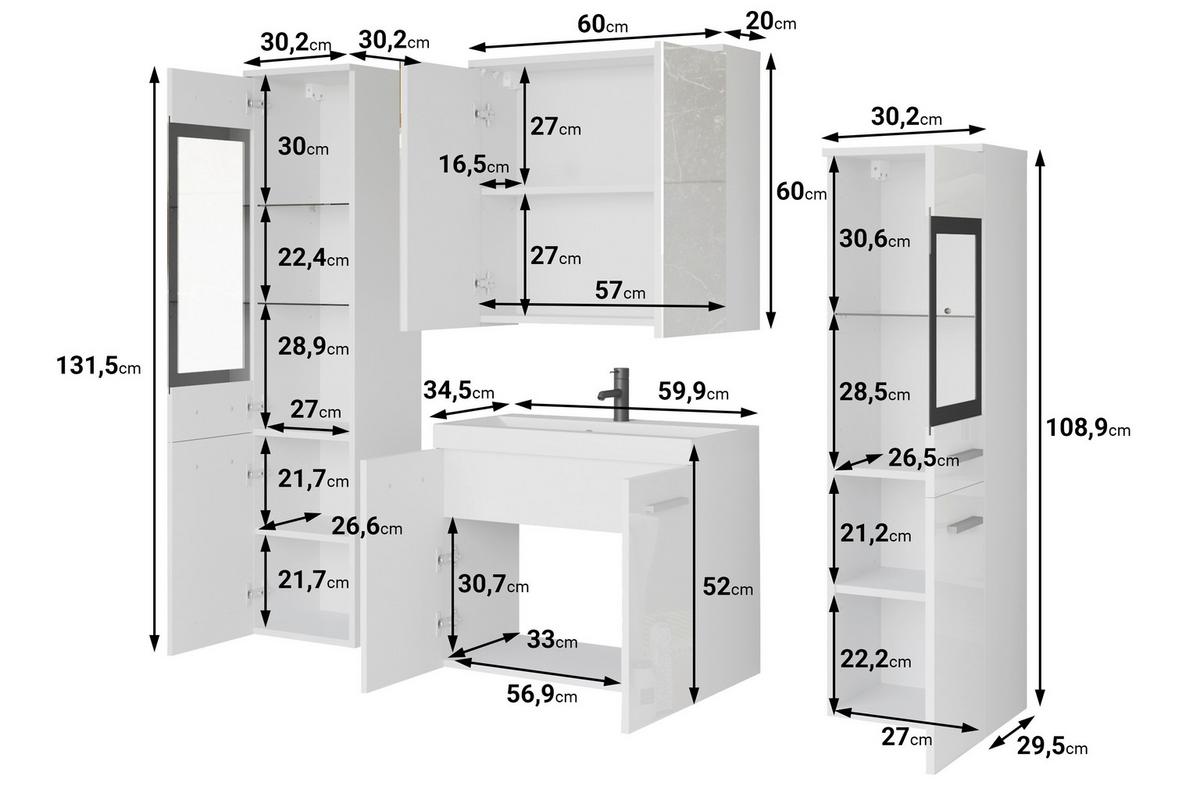 Badmöbel-Set 5-tlg. Madrit mit LED ca. 120 cm Weiss - Weiß Hochglanz/Weiß, Basics, Glas/Holzwerkstoff (120cm) - P & B