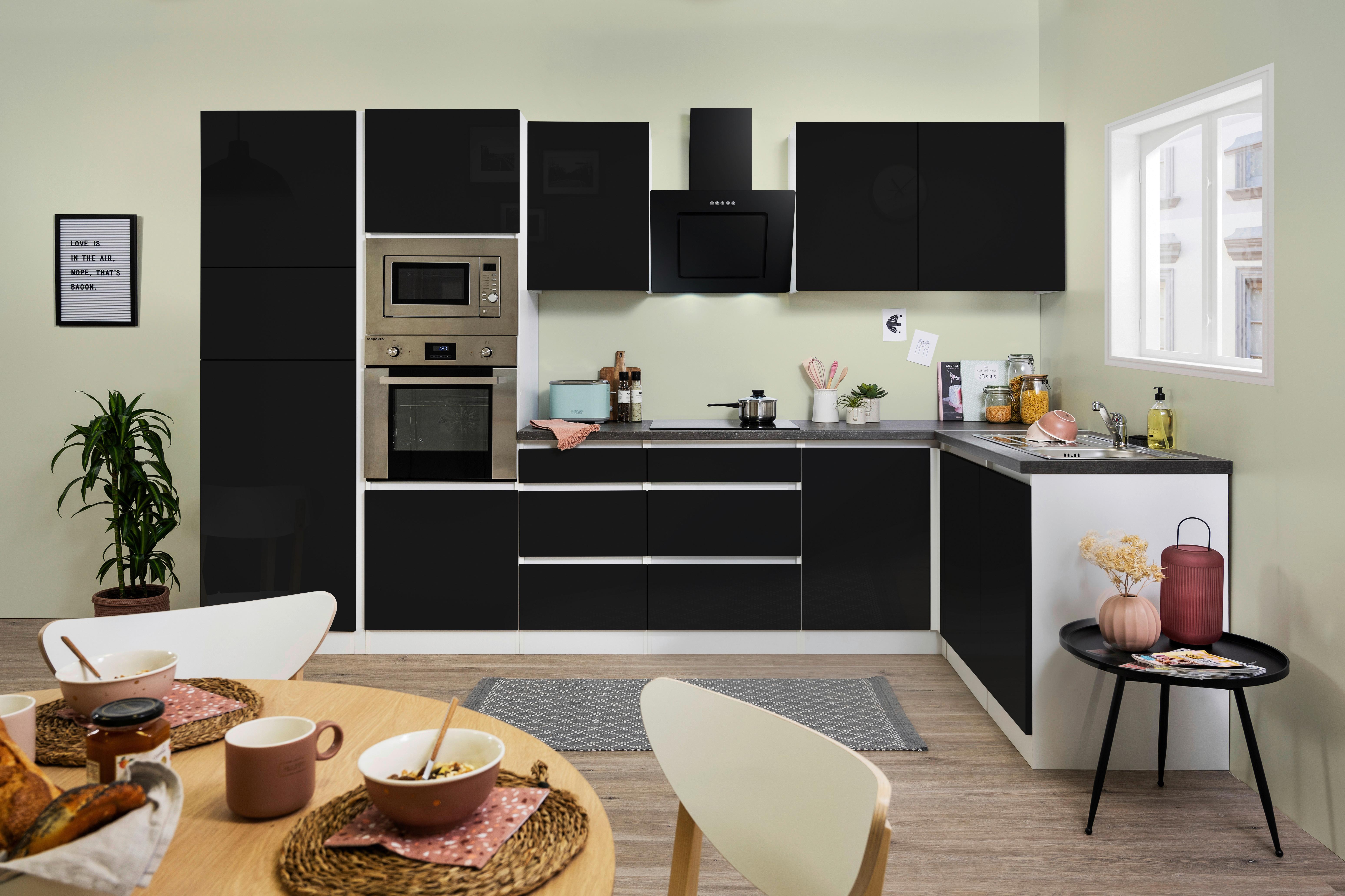 Eckküche Premium Schwarz Hochglanz/Weiß ca. 345x172 cm - Schwarz/Weiß, MODERN, Holzwerkstoff (345/172cm) - Respekta