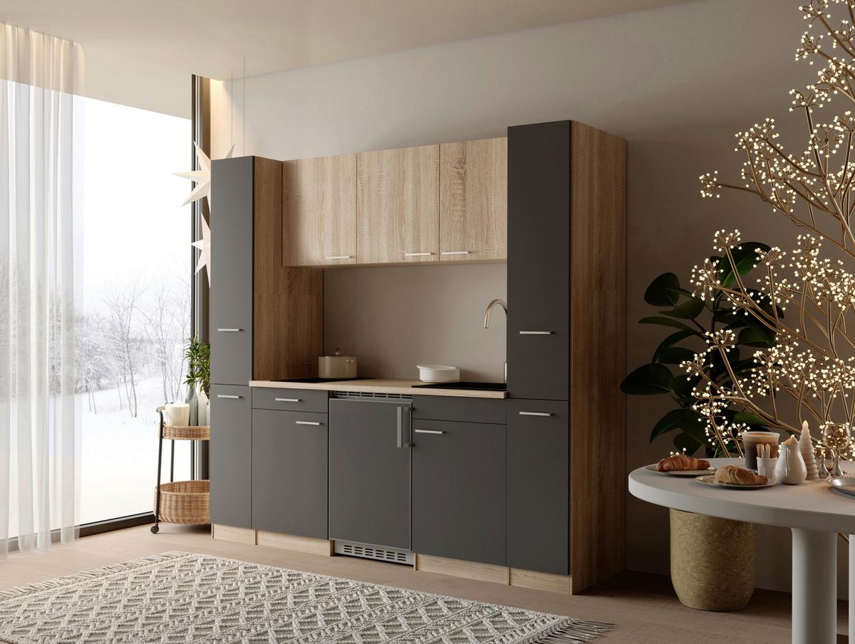 Küchenblock Ingrid m. Geräten Grau - Eichefarben/Alufarben, Design, Holzwerkstoff/Kunststoff (210cm) - Respekta