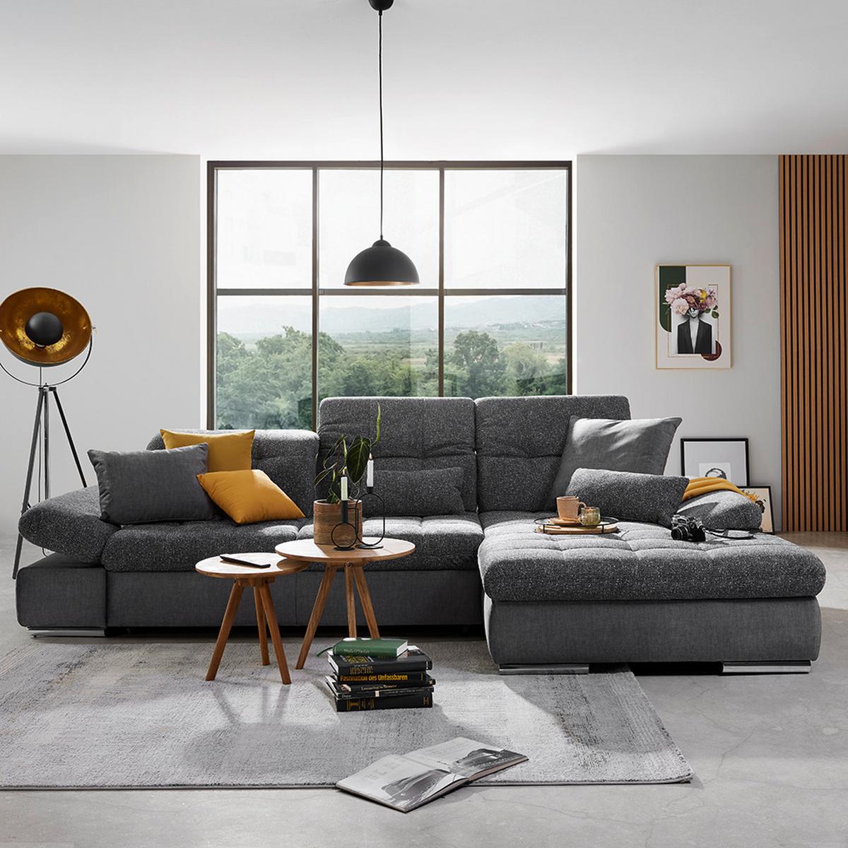 Wohnlandschaft Sanfino in Grau mit Bettfunktion - Chromfarben/Graphitfarben, KONVENTIONELL, Holz/Textil (305/79-96/199cm) - Premium Living