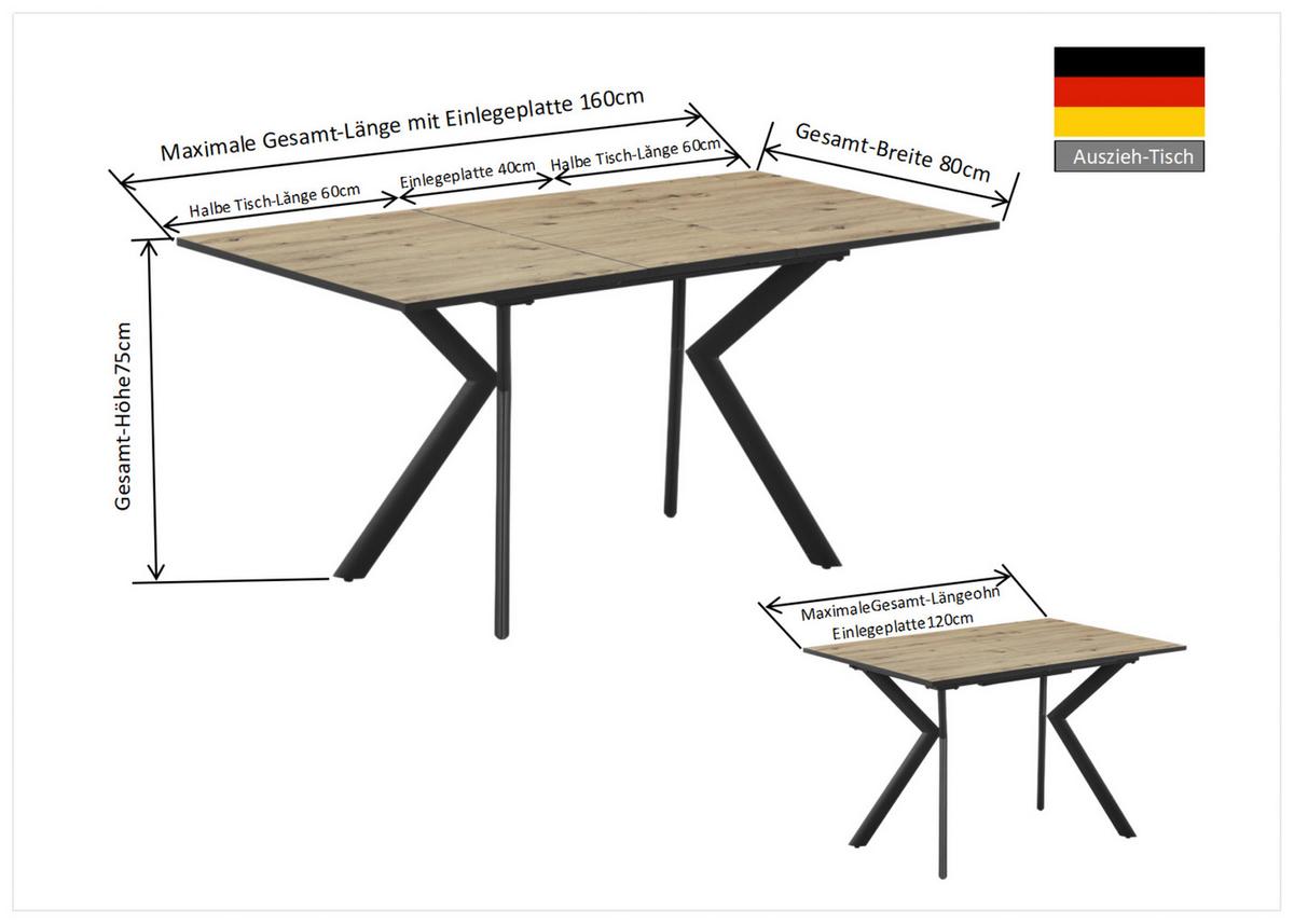 Raztegljiva Jedilna Miza Marcel, 120-160x80 - črna/barve hrasta, Moderno, kovina/leseni material (120-160/76/80cm)