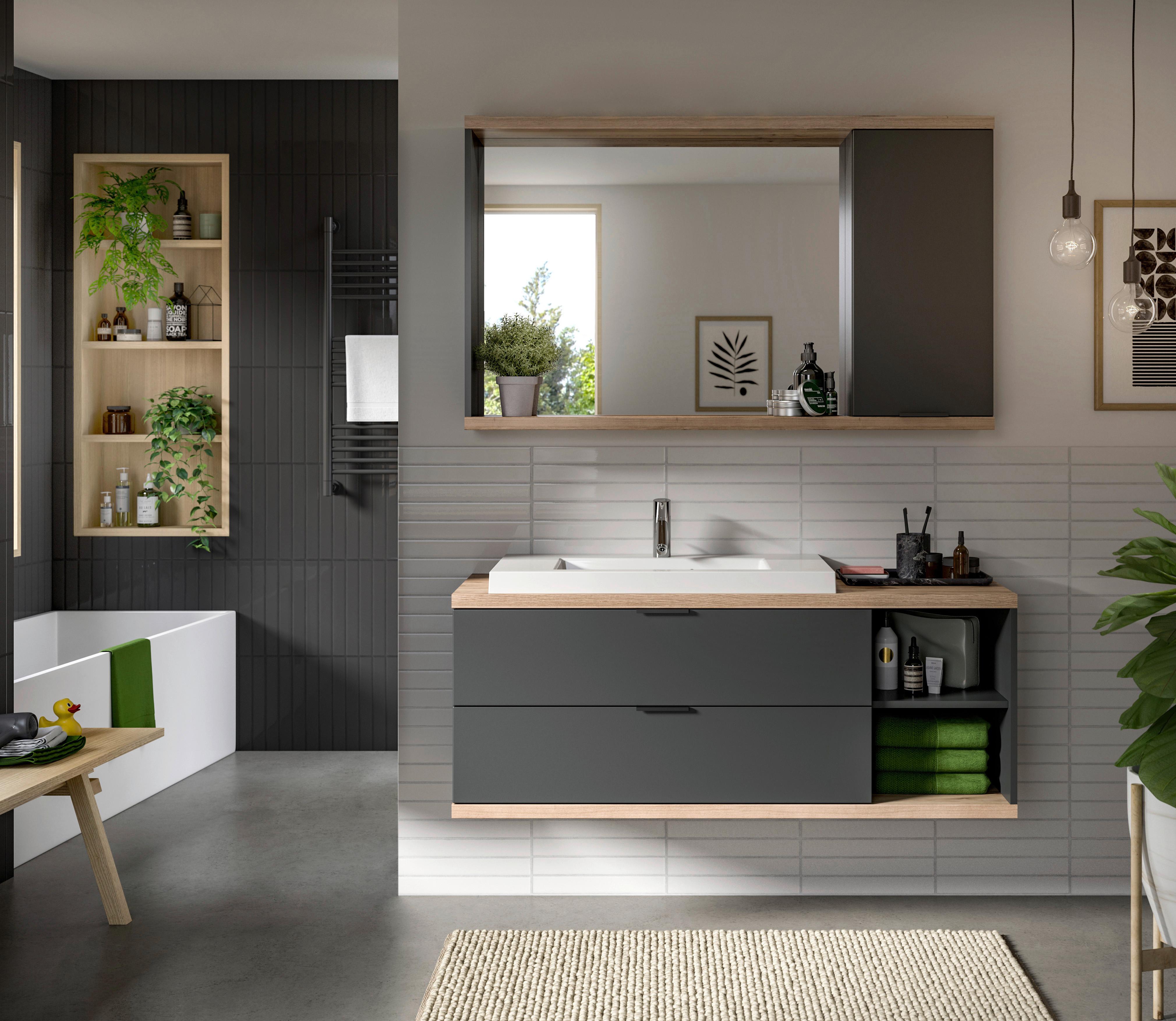 Kopalnica Nuaro, Antracit, Barva Hrasta, 2-Delna - črna/bela, Basics, kamen/umetna masa (130cm) - MID.YOU