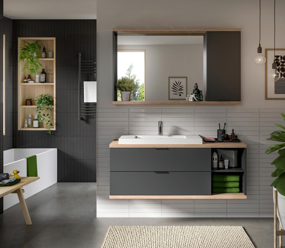 Kopalnica Nuaro, Antracit, Barva Hrasta, 2-Delna - črna/bela, Basics, kamen/umetna masa (130cm) - MID.YOU