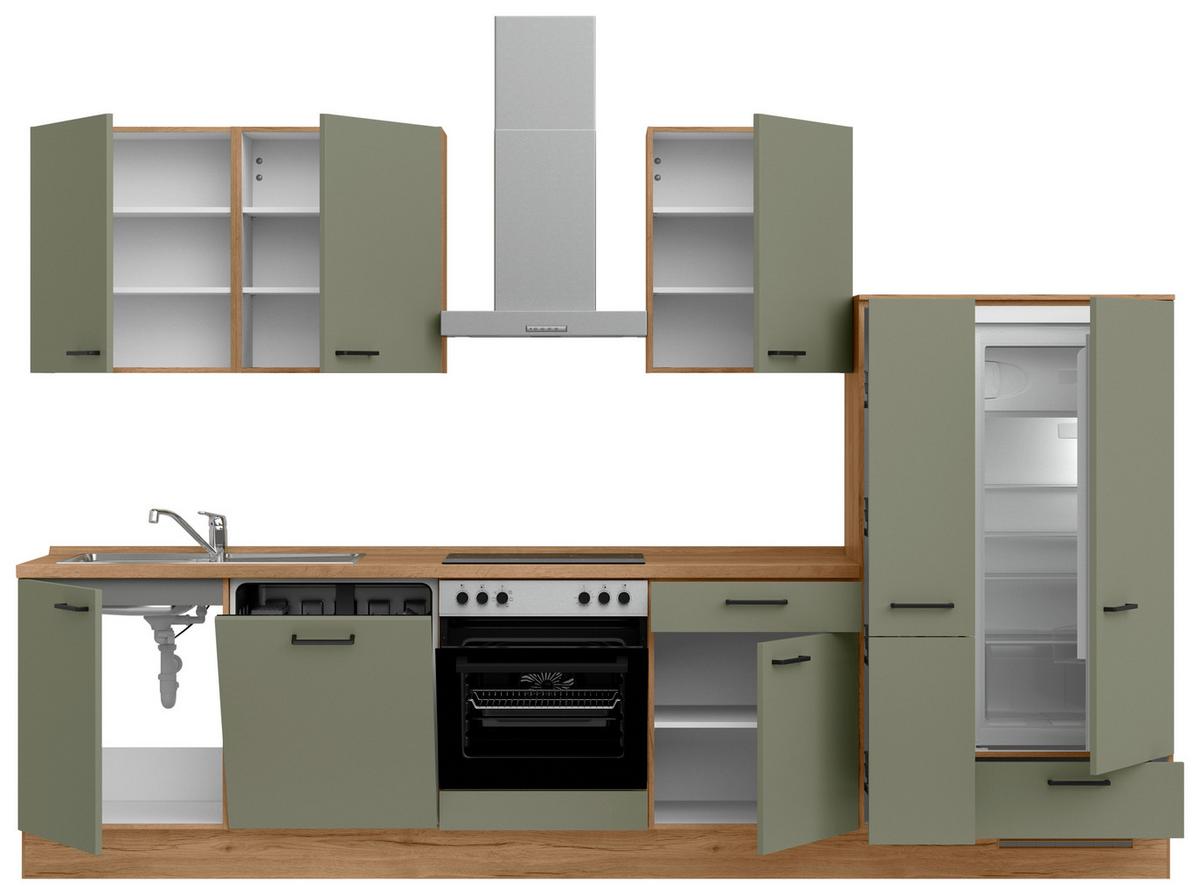 Küchenleerblock Senso Low o. Geräte Olivgrün - Eichefarben/Schwarz, MODERN, Holzwerkstoff/Metall (330cm) - Nobilia