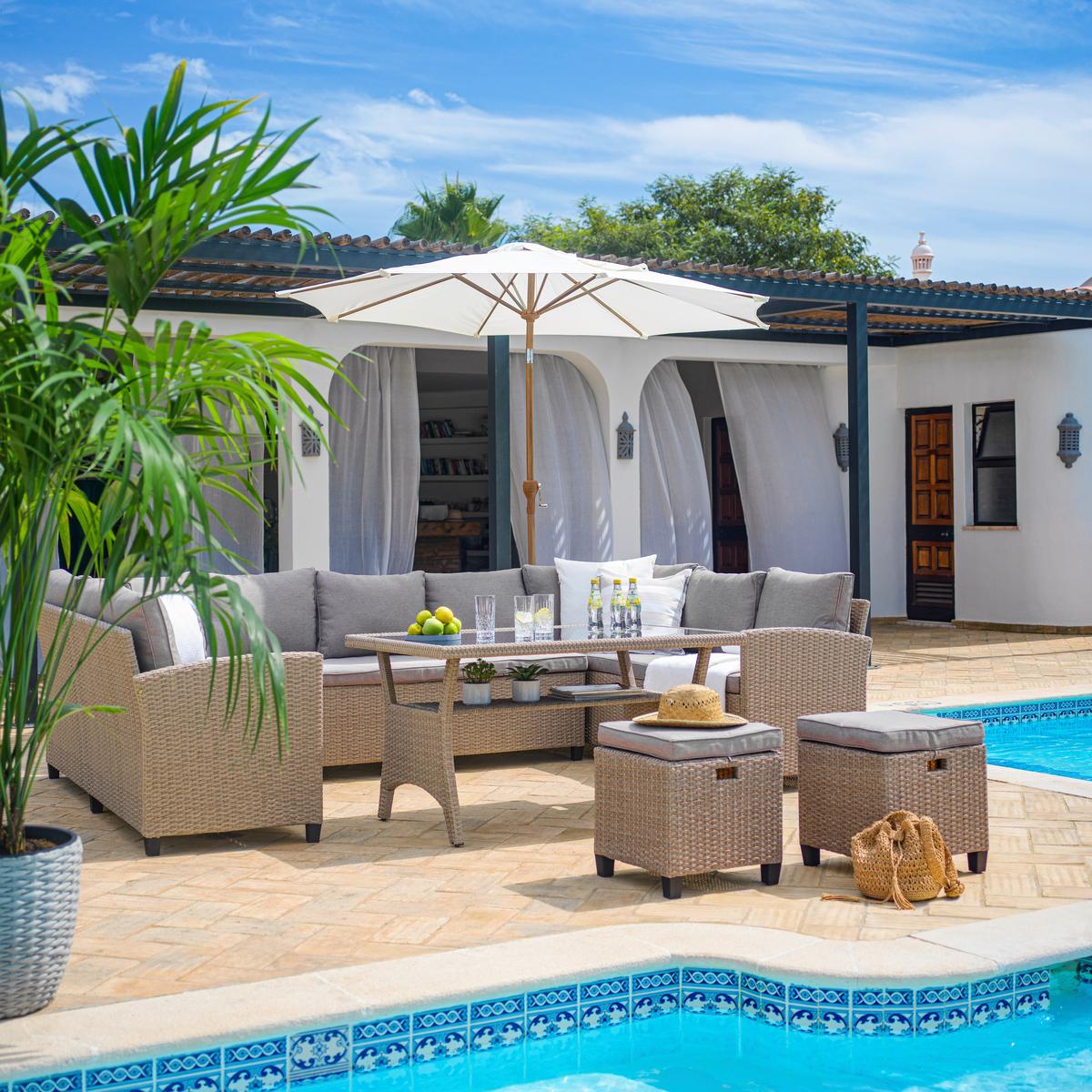 Ensemble lounge Puerto Rico in Braun/Beige - Beige/Schwarz, Modern, Glas/Kunststoff (175/73/67cm) - Mömax