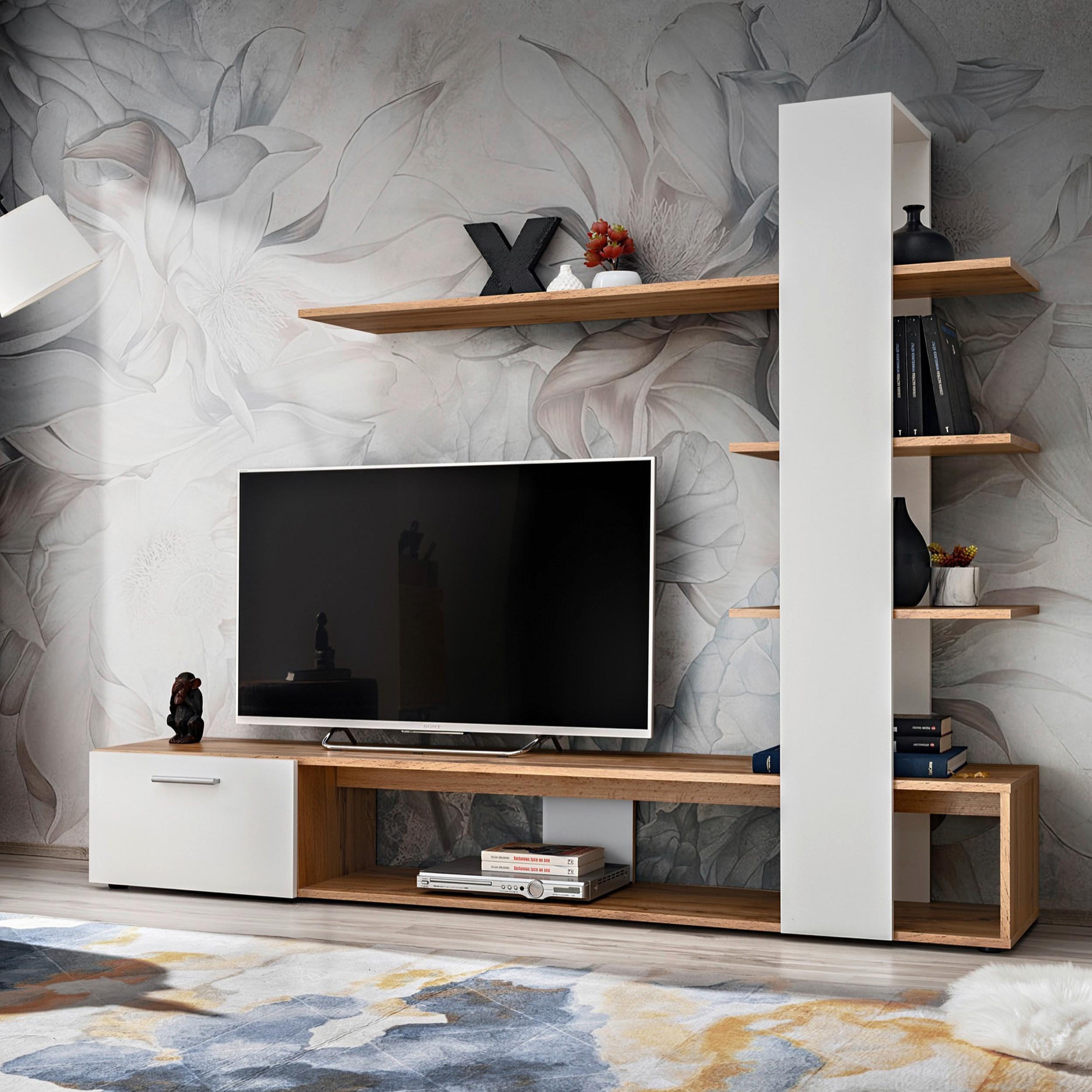 Wohnwand Eco Weiß/Eiche Wotan - Eiche Wotan/Weiß, MODERN, Holzwerkstoff/Kunststoff (190/152/35cm) - P & B