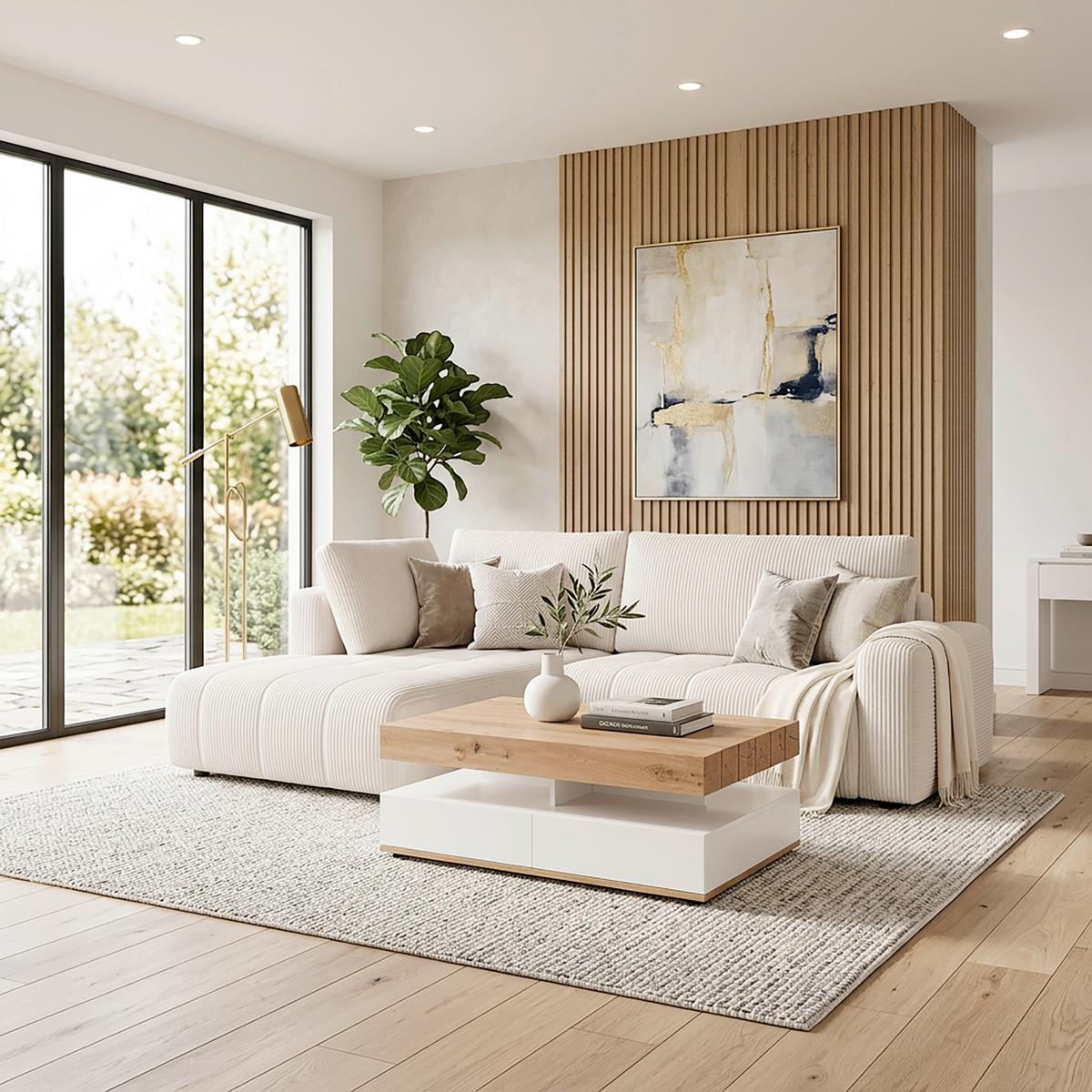 Wohnlandschaft Gia Weiß Cord mit Schlaffunktion - Schwarz/Weiß, MODERN, Holz/Kunststoff (261/94/197cm) - Bessagi Home