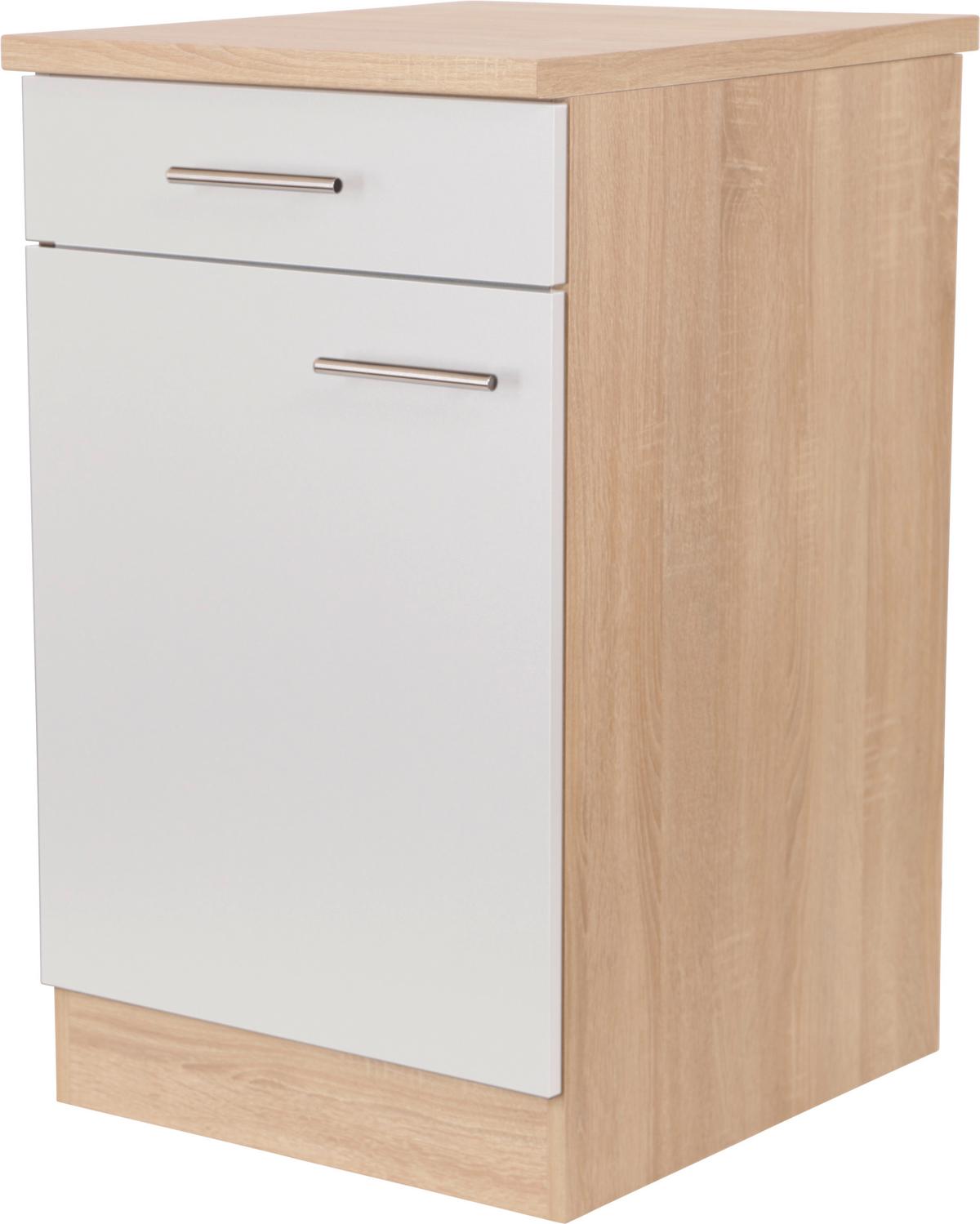 Kuhinjska Spodnja Omarica Merle, Barva Hrasta, Bela - srebrne barve/barve hrasta, Basics, kovina/leseni material (50/84,8/60cm) - Respekta