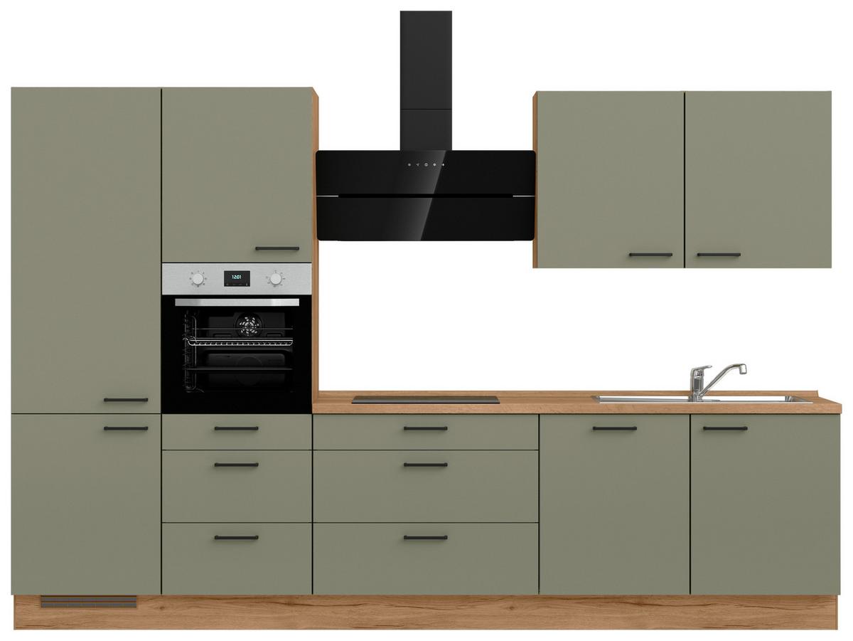 Küchenleerblock Senso High o. Geräte Olivgrün - Eichefarben/Schwarz, ROMANTIK / LANDHAUS, Holzwerkstoff/Metall (330cm) - Nobilia