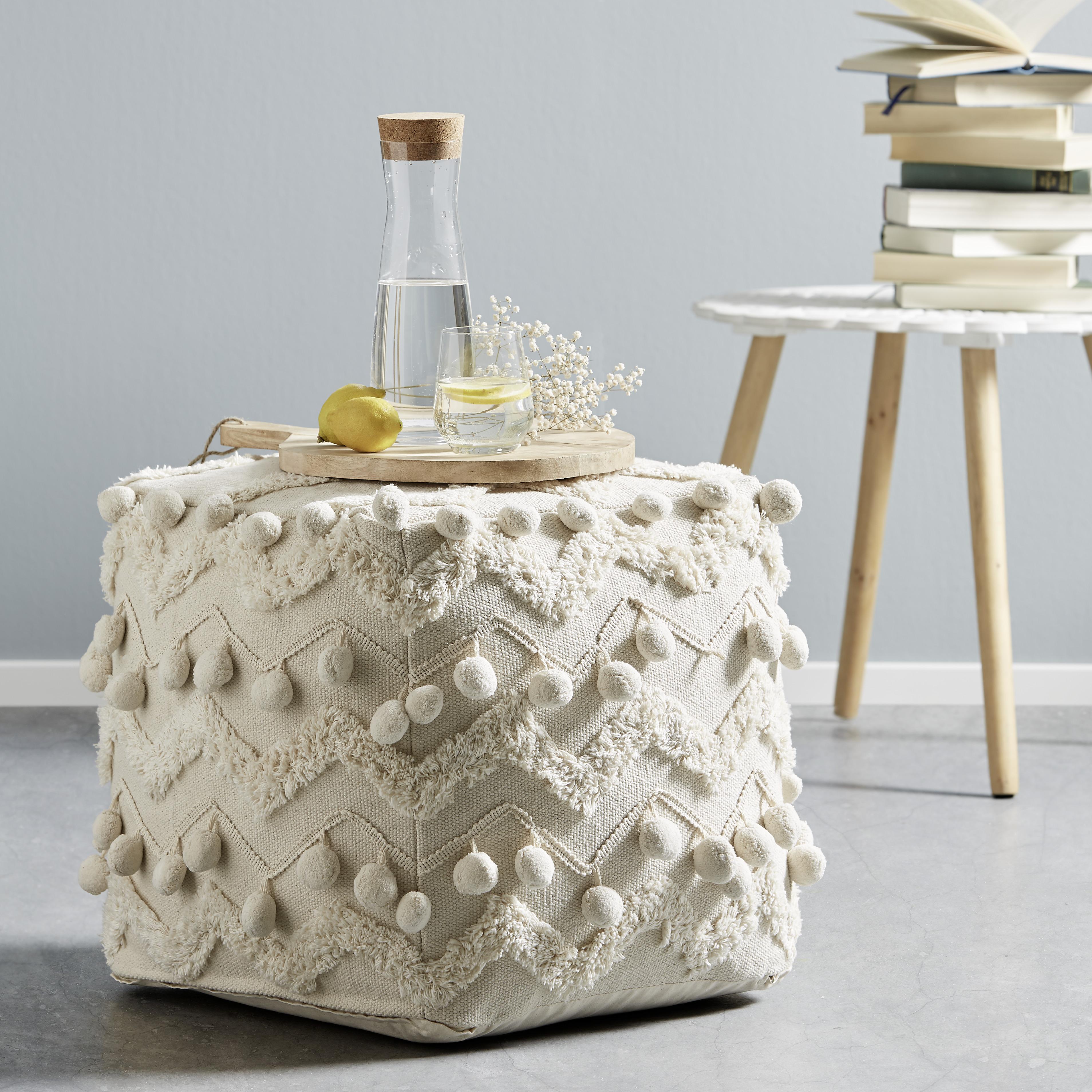 SITTPUFF POMPOM - cremefärgad, Romantik / Lanthus, textil (45/45/45cm) - Zandiara
