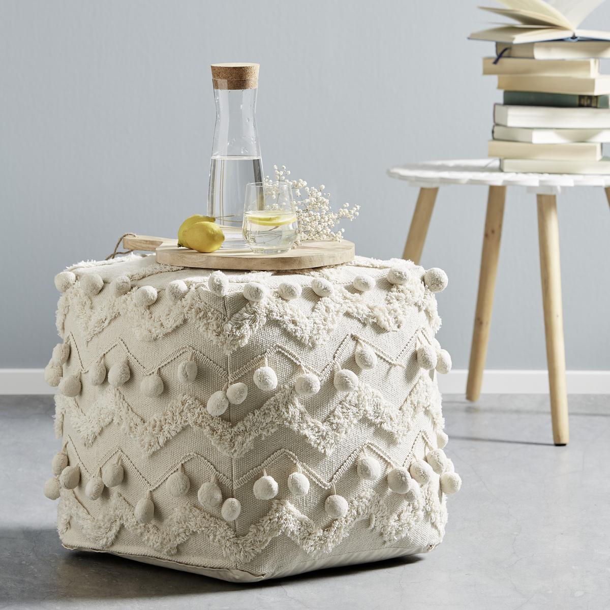 Pouf POMPOM Pompom in Creme ca. 45x45x45cm - Creme, ROMANTIK / LANDHAUS, Textil (45/45/45cm) - Zandiara