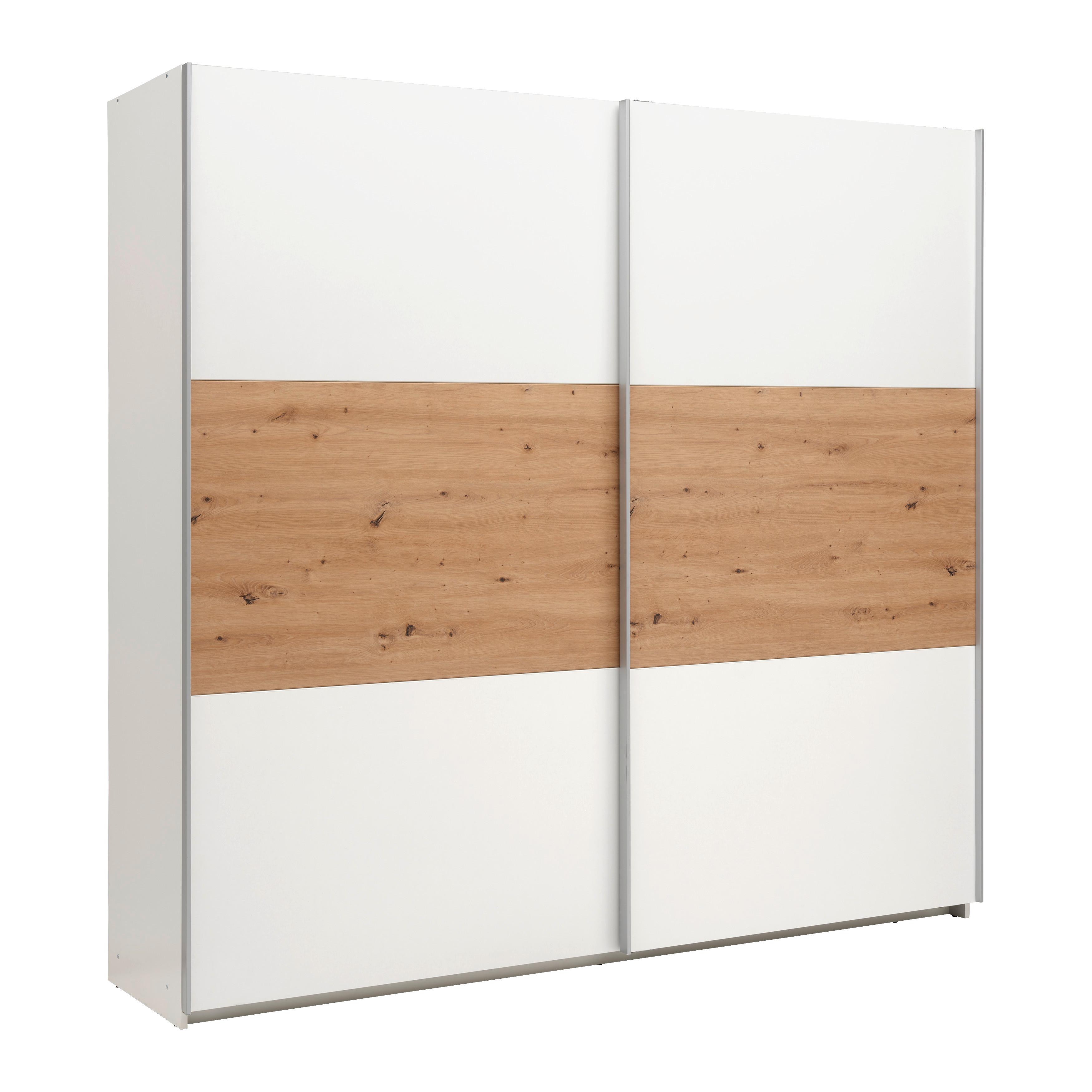 Schwebetürenschrank Saturn in Weiß/Eiche Artisan - Silberfarben/Weiß, KONVENTIONELL, Holzwerkstoff/Metall (218/210/59cm) - Mömax