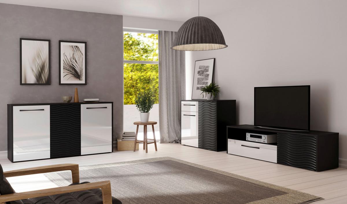 Komoda Karlshamn - bijela visoki sjaj/crna, Moderno, drvni materijal/metal (164,2/88,8/42cm) - Premium Living