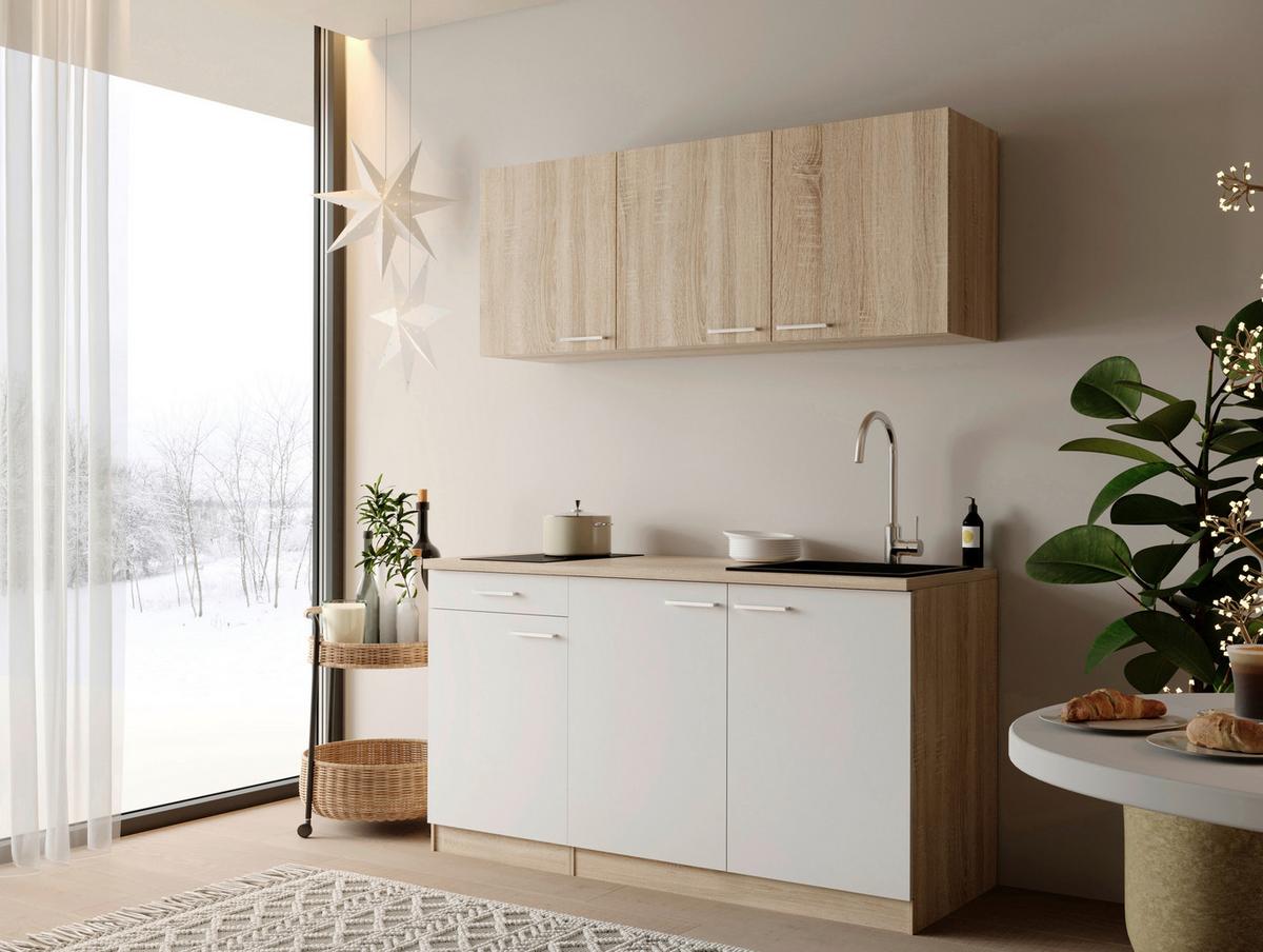 Miniküche Ingrid m. Gerät ca. 150cm Weiß - Eichefarben/Alufarben, Design, Holzwerkstoff/Kunststoff (150cm) - Respekta