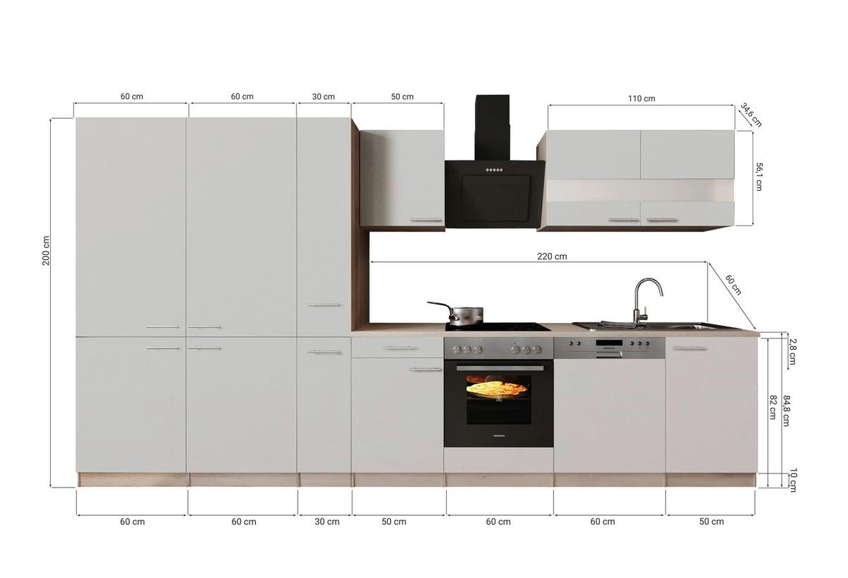 Küchenblock Merle m. Geräten Grau - Edelstahlfarben/Eichefarben, Trend, Holzwerkstoff/Metall (370cm) - Respekta