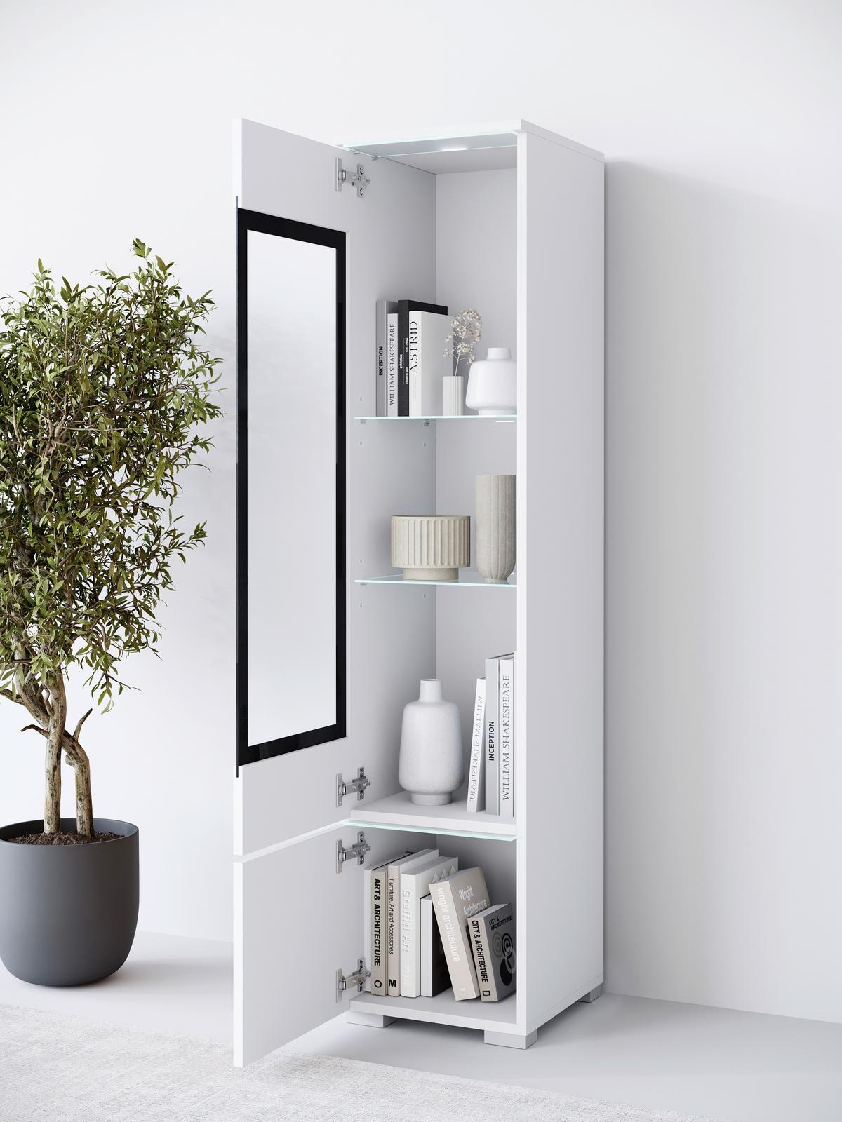 Vitrina Vera 002, Bela - siva/bela, Design, umetna masa/steklo (30/130/33cm) - Livetastic