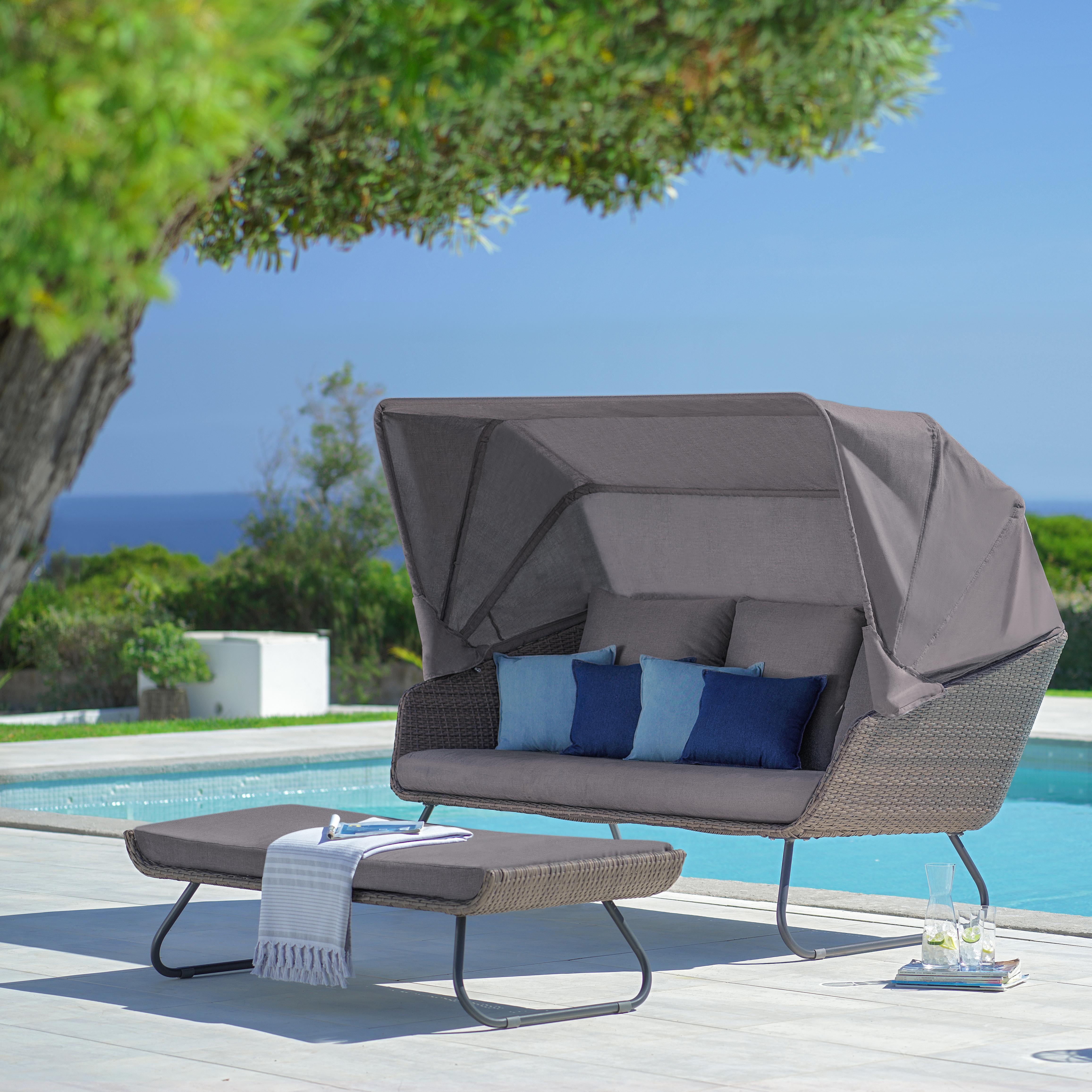 Loungesofa Curly in dunkelgrau inkl. Fußteil - Dunkelgrau, MODERN, Kunststoff/Textil (190/88-153/102cm) - Bessagi Garden