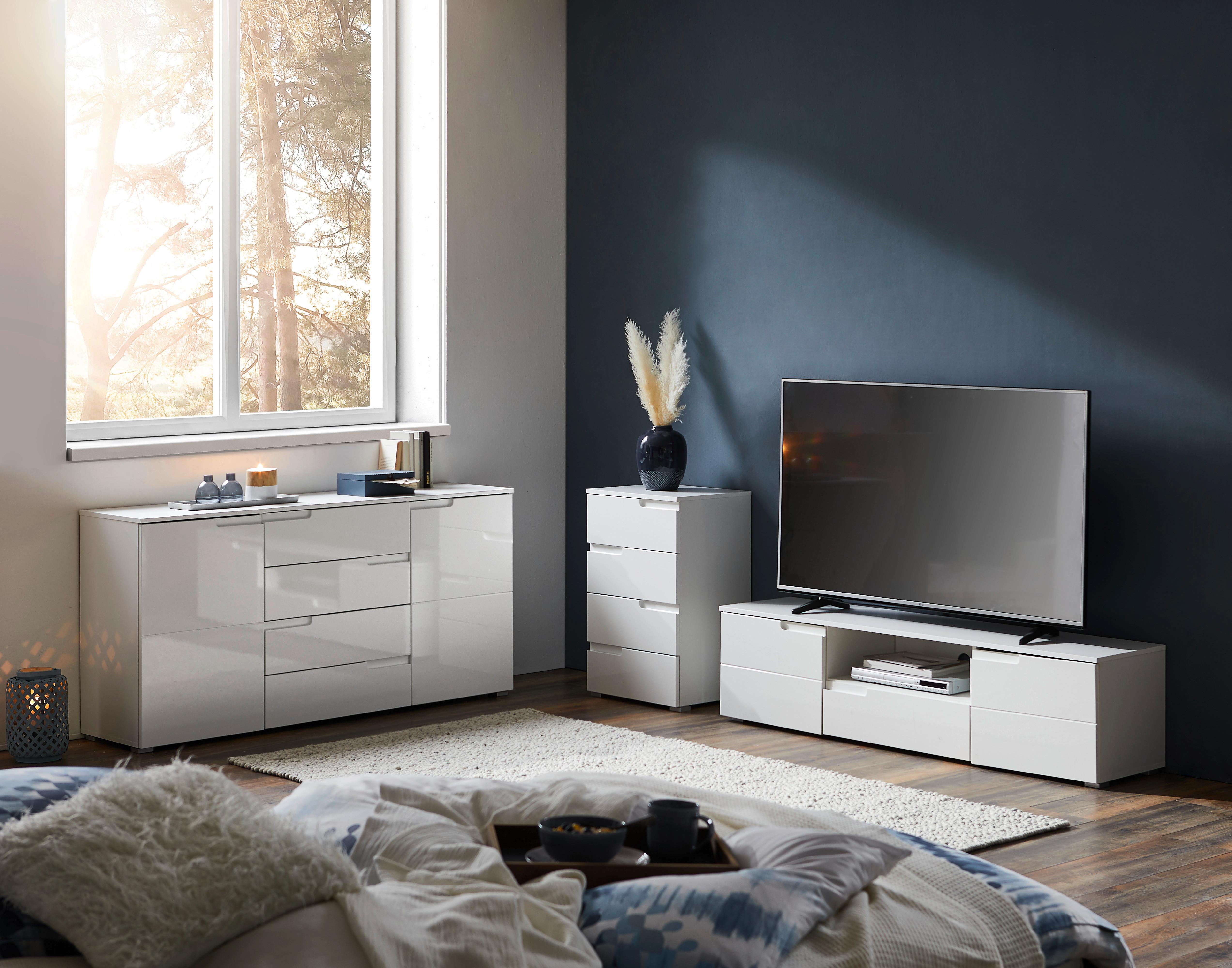 KOMODA SPICE 4 - biały wysoki połysk/kolor srebrny, Design, materiał drewnopochodny/tworzywo sztuczne (65/80/40cm) - Carryhome