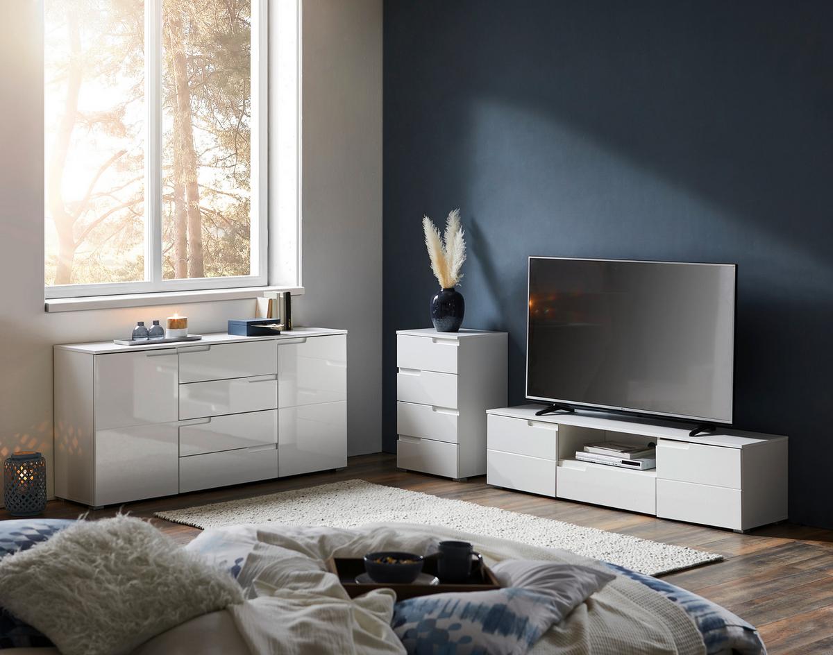KOMODA SPICE 4 - biały wysoki połysk/kolor srebrny, Design, materiał drewnopochodny/tworzywo sztuczne (65/80/40cm) - Carryhome