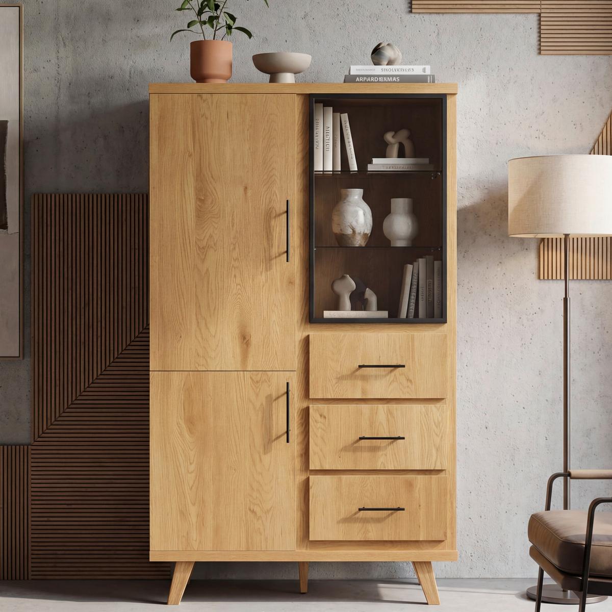 Highboard Wl7.645 - Schwarz/Braun, Design, Glas/Holz (100/188/40cm) - Livetastic