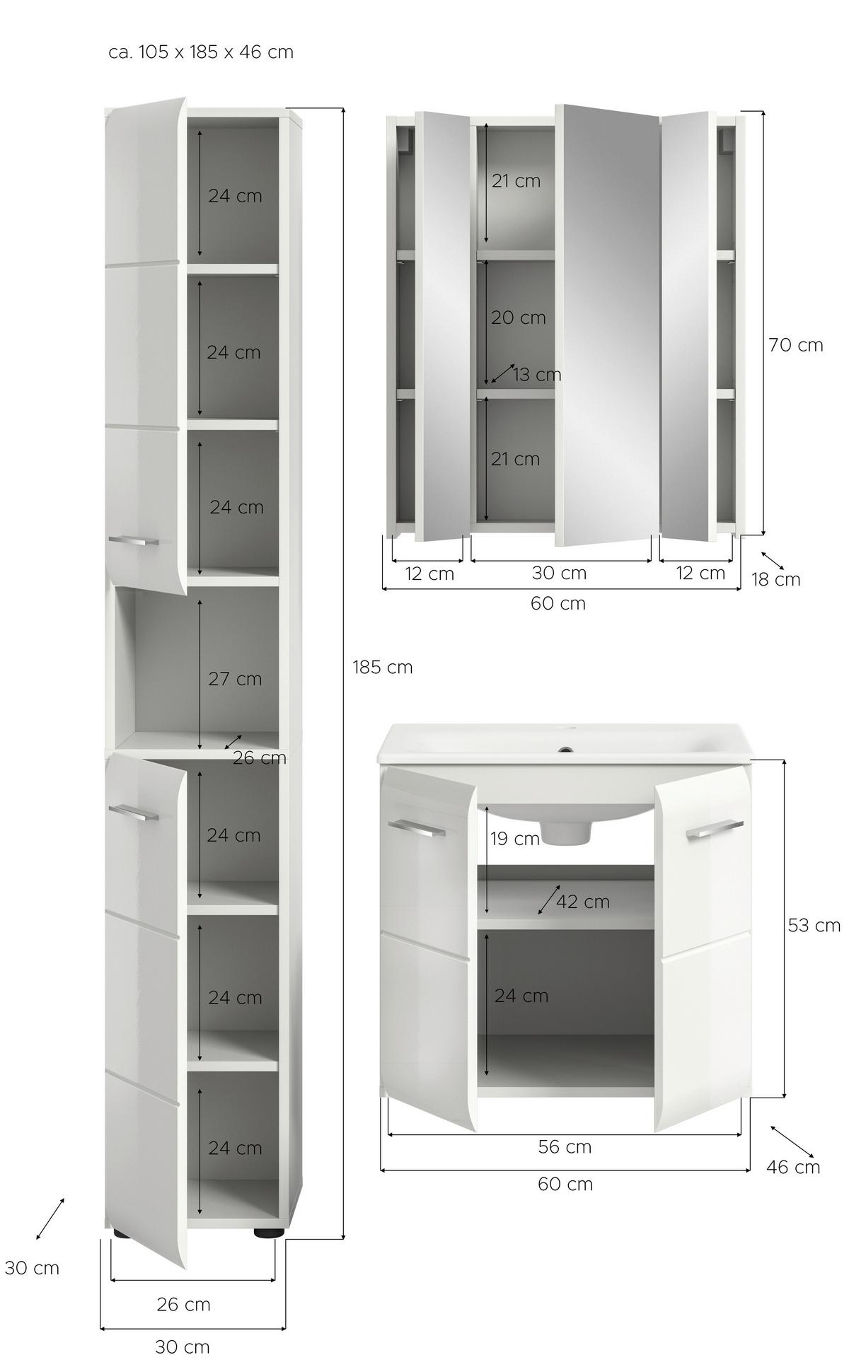 Badezimmer Ice 3-tlg. ca. 90 cm Weiß - Weiß Hochglanz/Silberfarben, MODERN, Keramik/Holzwerkstoff - MID.YOU