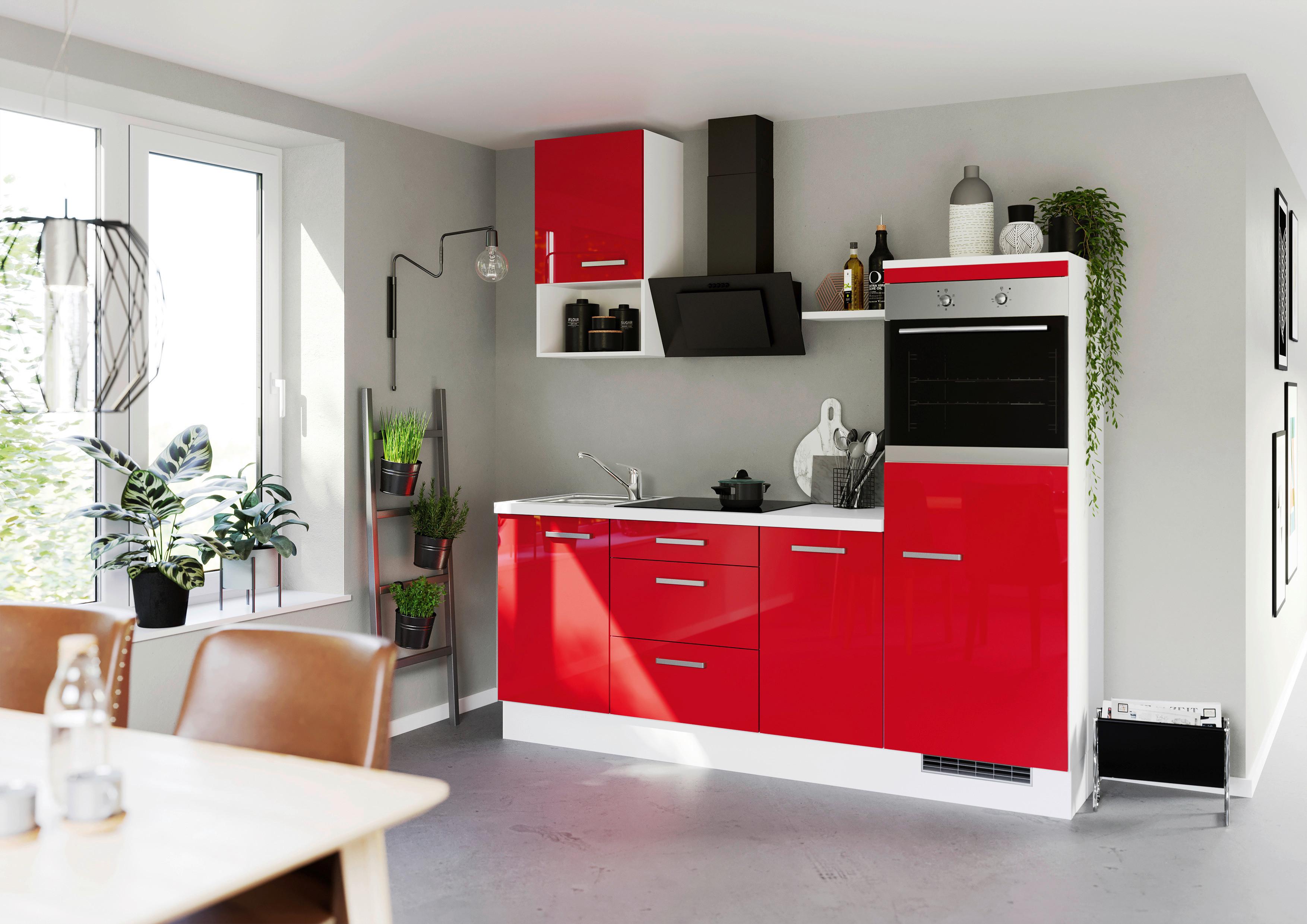 Küchenblock mit Geräten ca. 215 cm Rot/Weiß - Edelstahlfarben/Rot, Trend, Holzwerkstoff/Metall (215cm) - Impuls