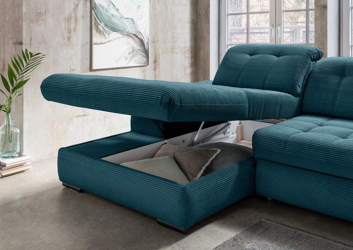 Ecksofa mit Bettkasten Rigatti ca. 184x314 cm Petrol - Petrol/Schwarz, MODERN, Textil/Metall (184/314cm) - Livetastic