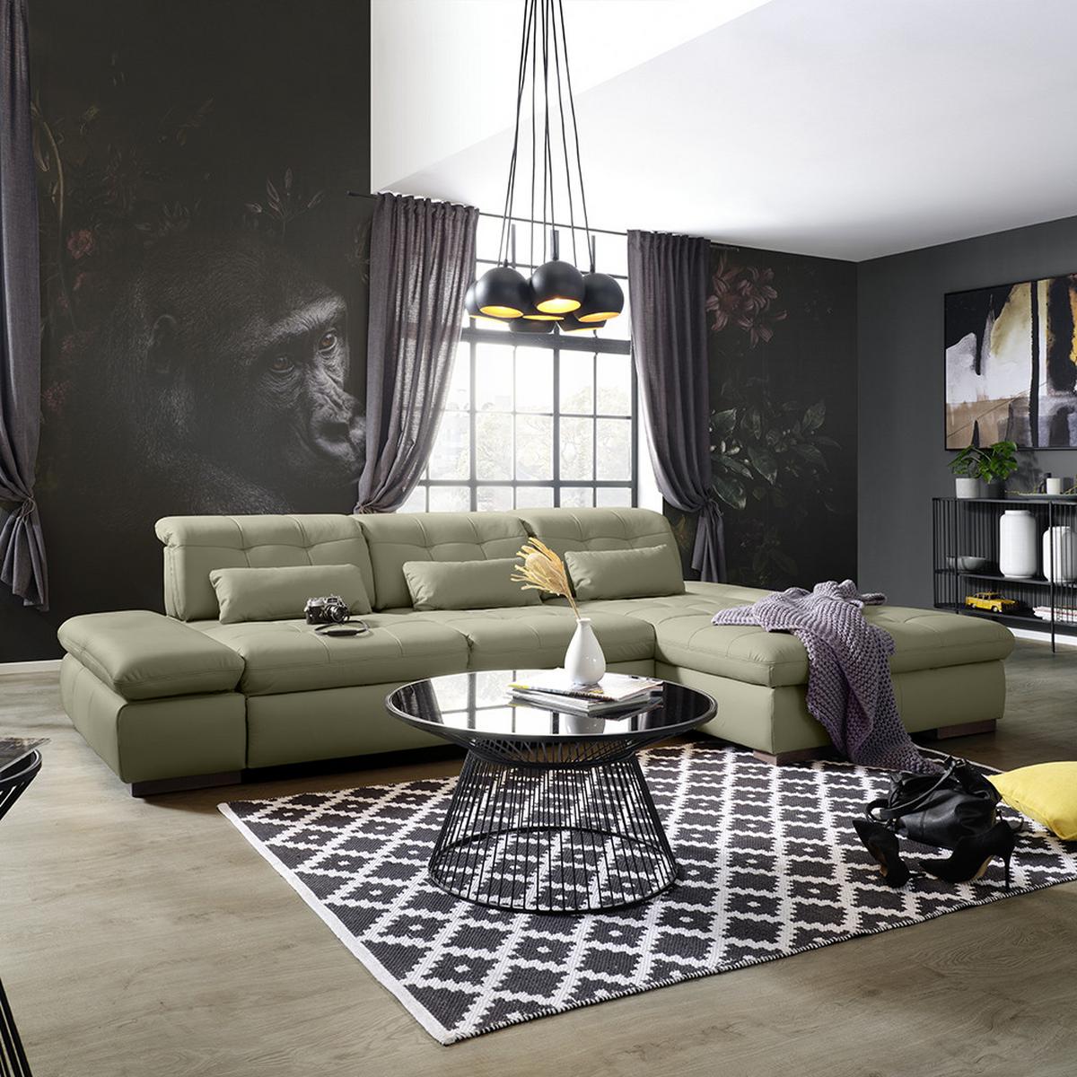 Wohnlandschaft Sanfino Leder Grau - Chromfarben/Grau, KONVENTIONELL, Leder/Metall (305/79-96/199cm) - Premium Living