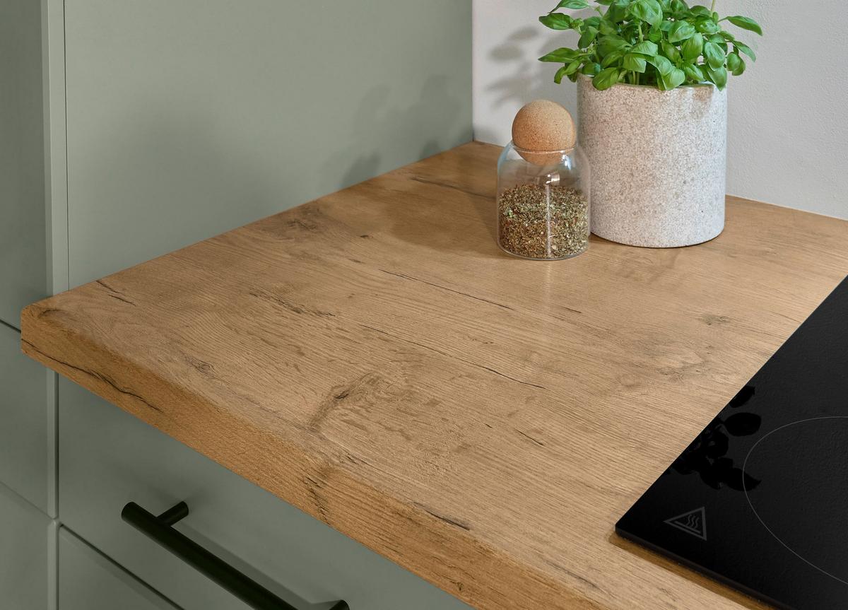 Eckküche Anton m. Geräte ca. 310x172cm Eiche/Schilfgrün - Schilfgrün/Wildeiche, Trend, Holzwerkstoff (310/172cm) - Respekta