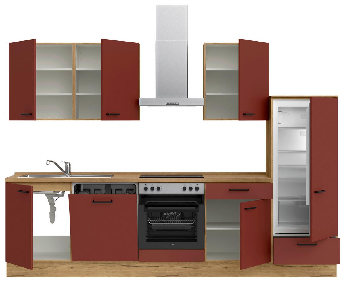 Küchenblock Easytouch Low m. Geräten Dunkelrot - Eichefarben/Schwarz, MODERN, Holzwerkstoff/Metall (300cm) - Nobilia